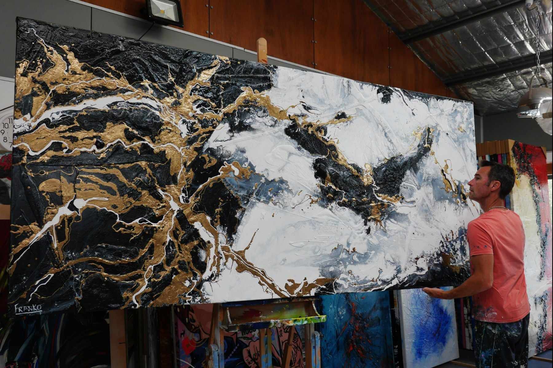 Held For Ransome 270cm x 120cm Black White Gold Grey Textured Abstract Painting (SOLD)-Abstract-[Franko_Artist]-[The_Block]-[Dream_Homes]-[ideas]- [Grand_Designs]-Franklin Art Studio