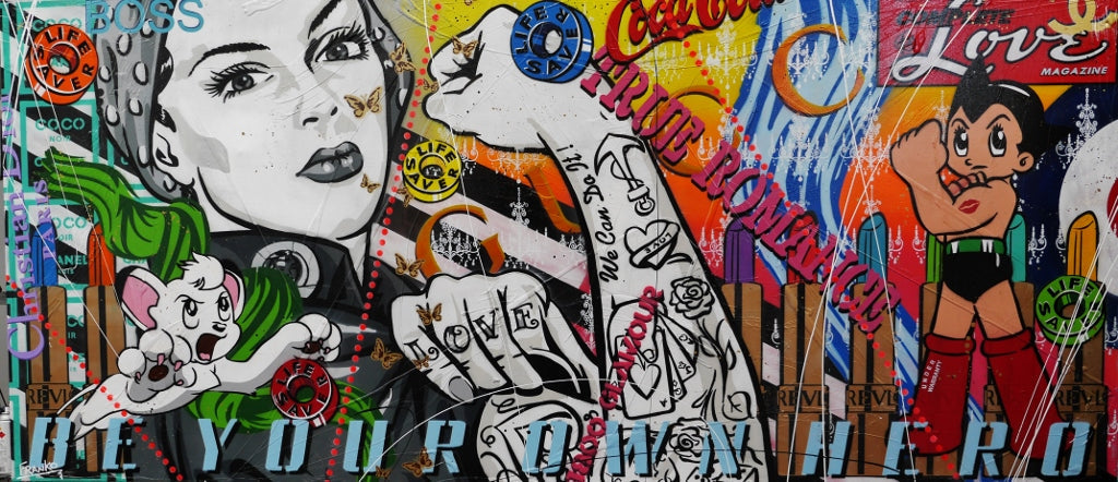 Hero Rosie 270cm x 120cm Rosie The Riveter Textured Urban Pop Art Painting (SOLD)-urban pop-[Franko_Artist]-[Australian_artist]-[Gold_Coast]-[Brisbane]-[modern]-[contemporary]-[original]-[Large_artwork]-Franklin Art Studio
