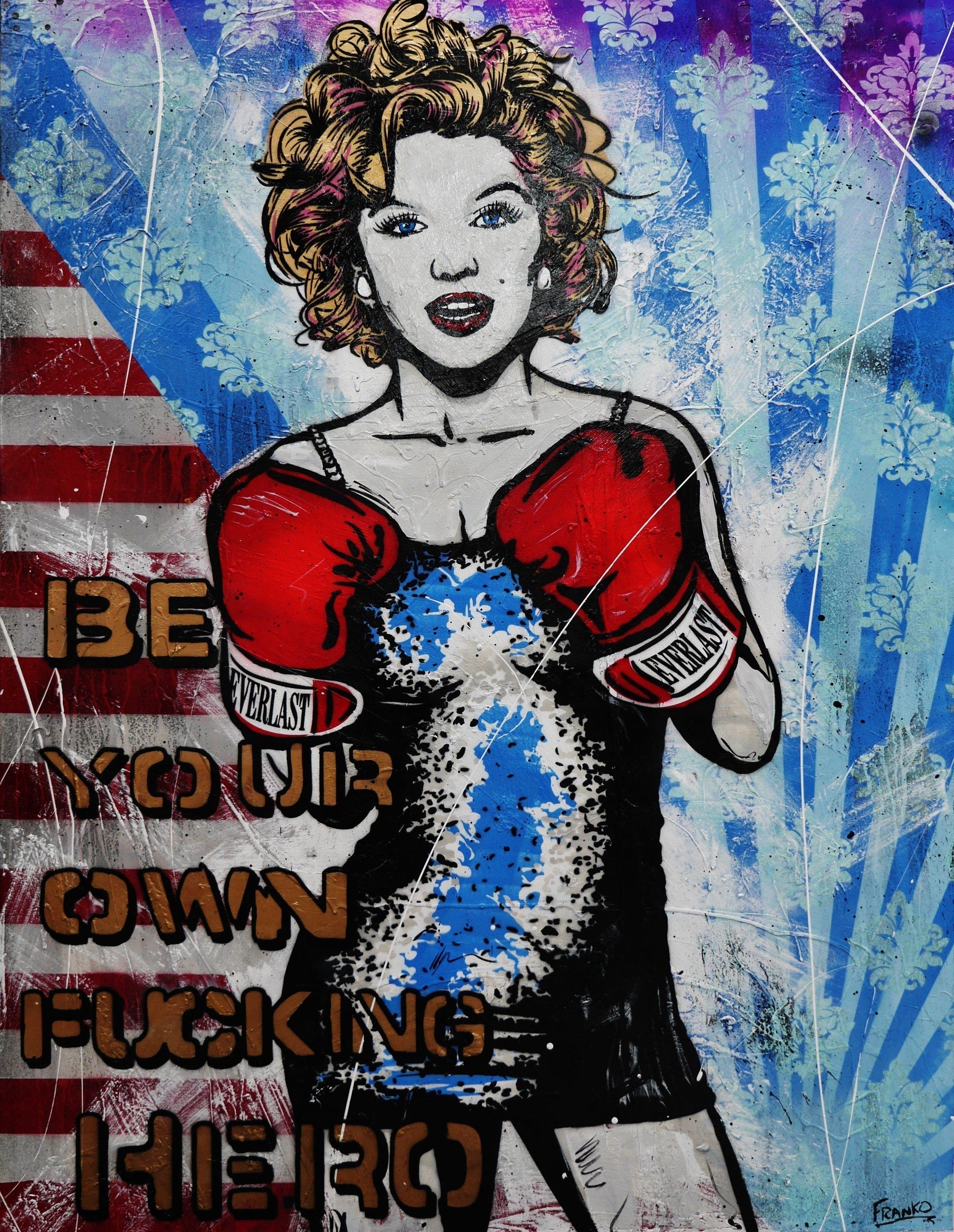 Heroes 140cm x 180cm Marilyn Monroe Boxing Textured Urban Pop Art Painting (SOLD)-urban pop-[Franko_Artist]-[Australian_artist]-[Gold_Coast]-[Brisbane]-[modern]-[contemporary]-[original]-[Large_artwork]-Franklin Art Studio