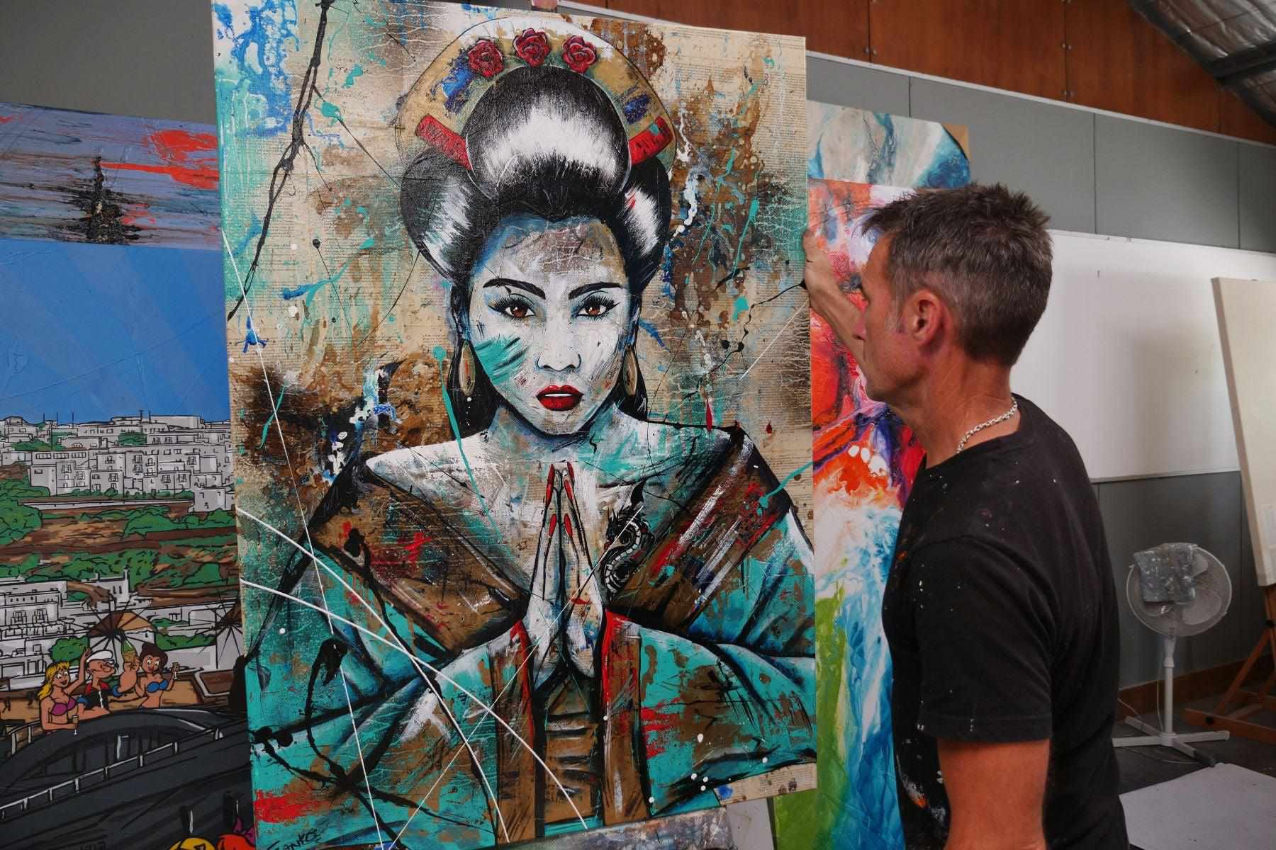 Hisui (Jade) 140cm x 100cm Geisha Urban Pop Book Club Painting (SOLD)-book club-[Franko_Artist]-[The_Block]-[Dream_Homes]-[ideas]- [Grand_Designs]-Franklin Art Studio