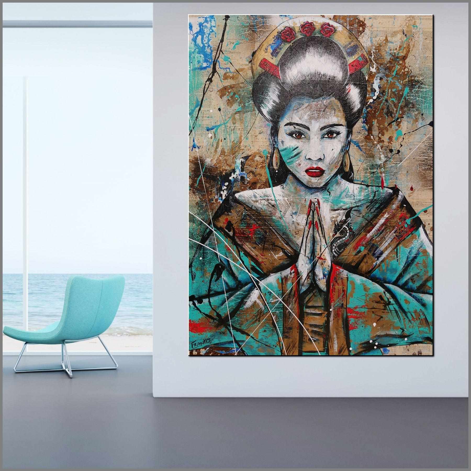 Hisui (Jade) 140cm x 100cm Geisha Urban Pop Book Club Painting (SOLD)-book club-[Franko_Artist]-[Australian_artist]-[Gold_Coast]-[Brisbane]-[modern]-[contemporary]-[original]-[Large_artwork]-[The_Block]-[Dream_Homes]-[ideas]-[Grand_Designs]-[Art_Lover]-Franklin Art Studio