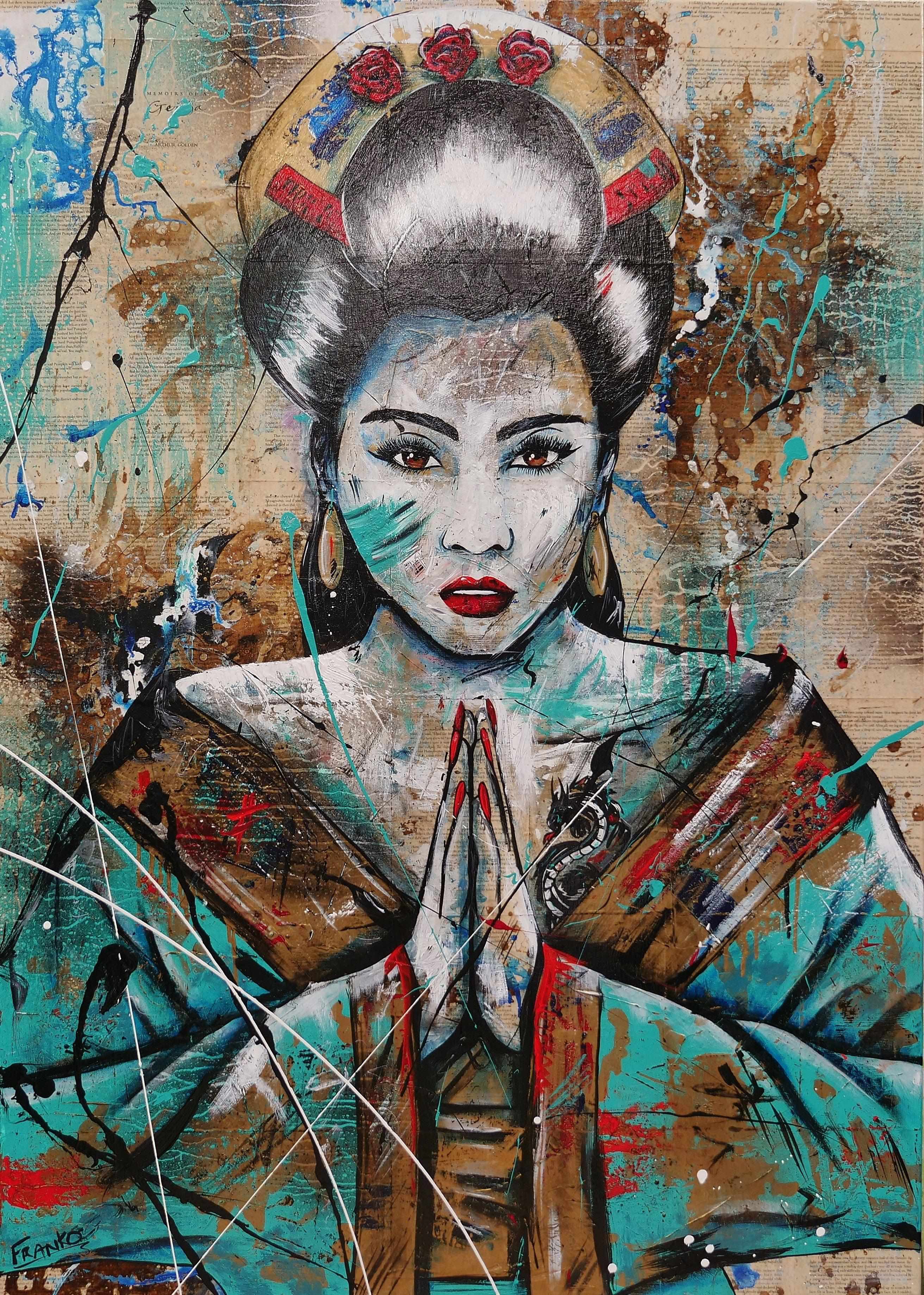 Hisui (Jade) 140cm x 100cm Geisha Urban Pop Book Club Painting (SOLD)-book club-[Franko_Artist]-[Australian_artist]-[Gold_Coast]-[Brisbane]-[modern]-[contemporary]-[original]-[Large_artwork]-Franklin Art Studio