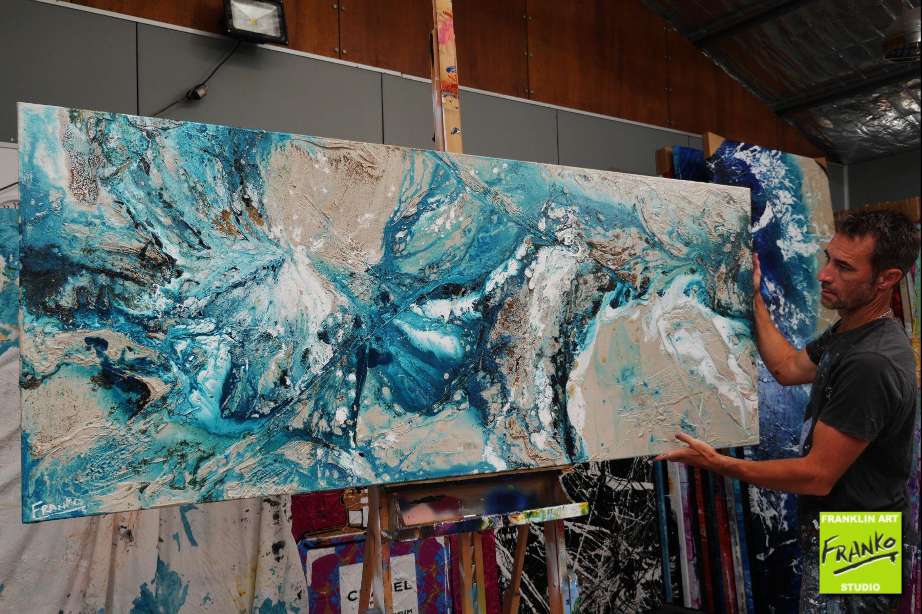 Honey & Teal 200cm x 80cm Cream Teal Textured Abstract Painting (SOLD)-Abstract-[Franko_Artist]-[The_Block]-[Dream_Homes]-[ideas]- [Grand_Designs]-Franklin Art Studio