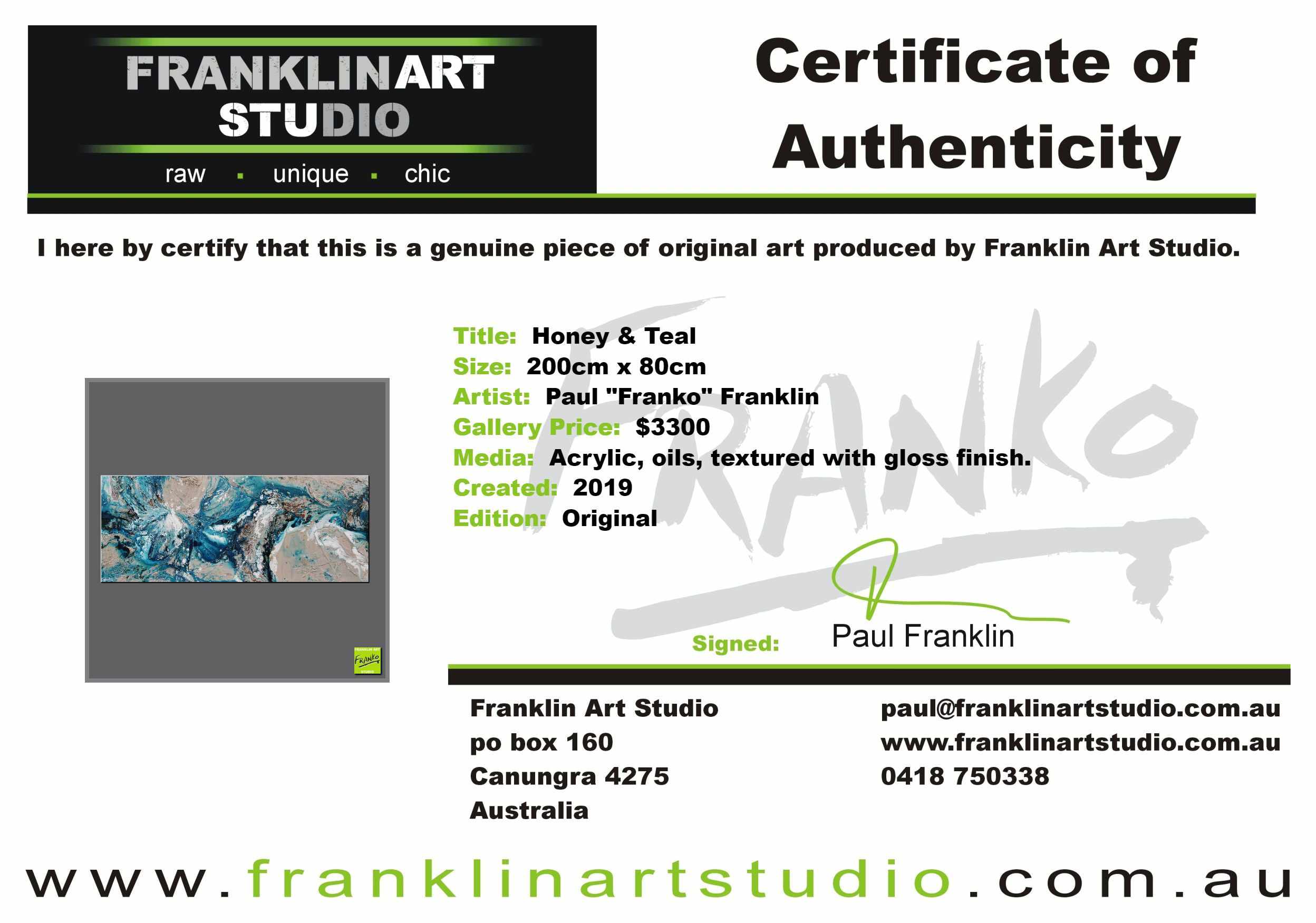 Honey & Teal 200cm x 80cm Cream Teal Textured Abstract Painting (SOLD)-Abstract-[Franko_Artist]-[The_Block]-[Dream_Homes]-[ideas]-[Grand_Designs]-[Art_Lover]-Franklin Art Studio
