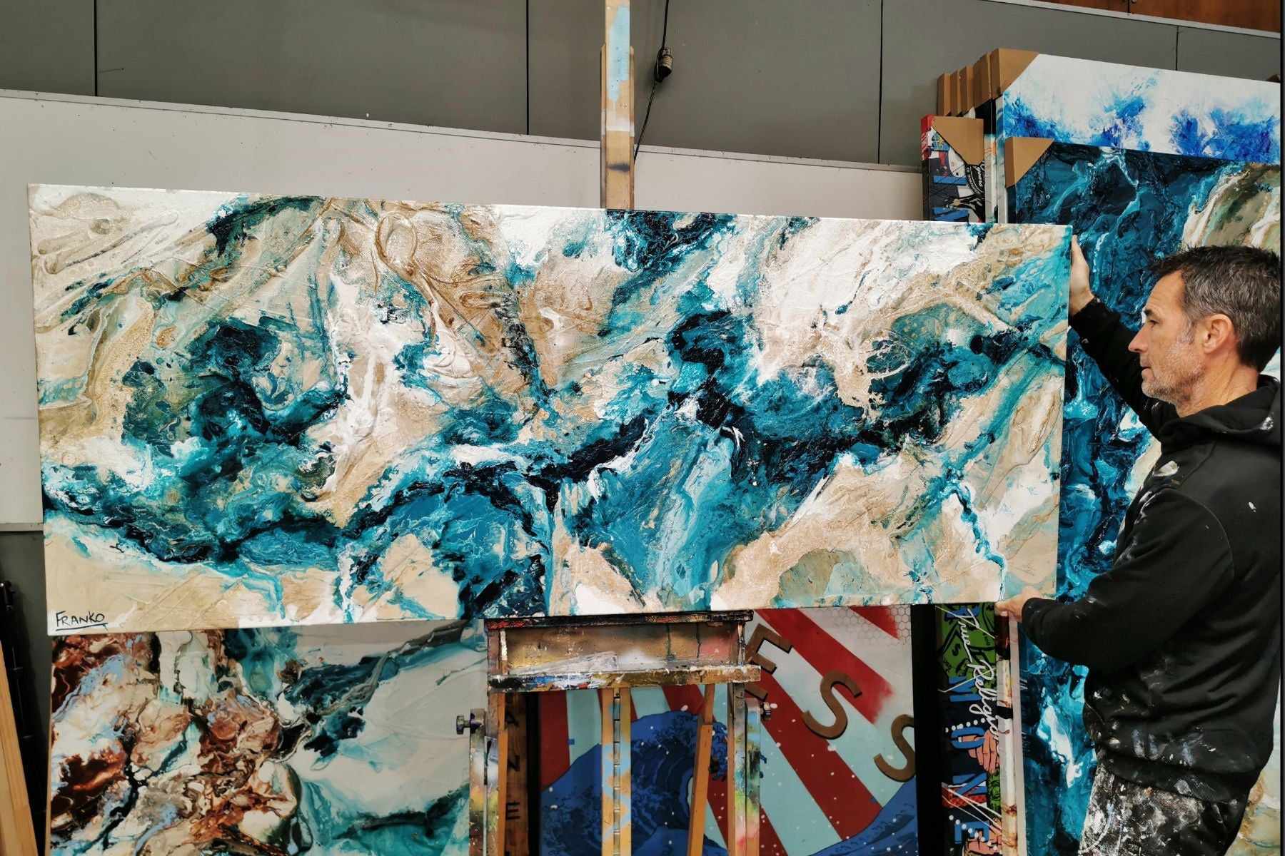 Honey and Southern Atmosphere 200cm x 80cm Teal Cream Textured Abstract Painting (SOLD)-Abstract-[Franko_Artist]-[The_Block]-[Dream_Homes]-[ideas]- [Grand_Designs]-Franklin Art Studio