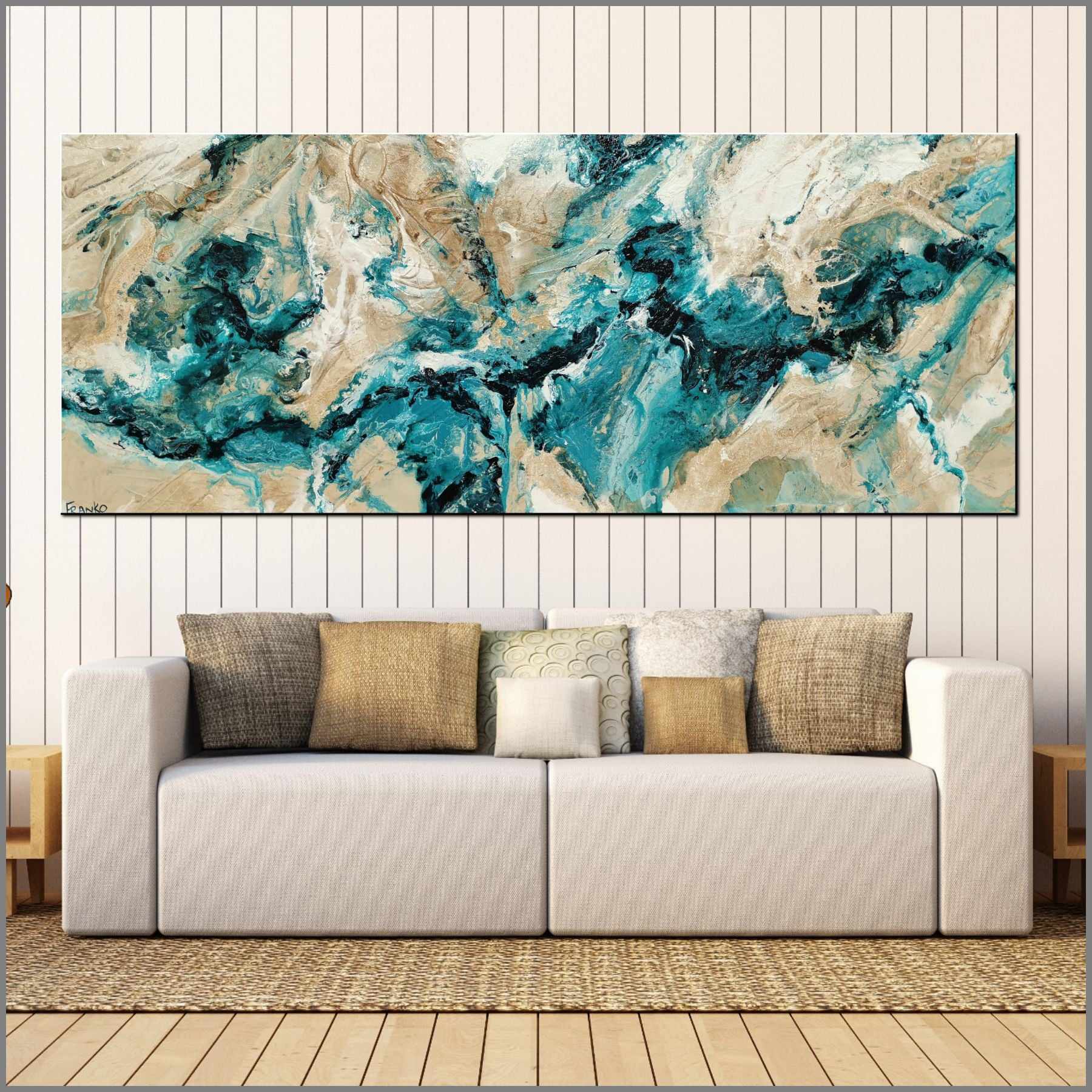 Honey and Southern Atmosphere 200cm x 80cm Teal Cream Textured Abstract Painting (SOLD)-Abstract-[Franko_Artist]-[Australian_artist]-[Gold_Coast]-[Brisbane]-[modern]-[contemporary]-[original]-[Large_artwork]-[The_Block]-[Dream_Homes]-[ideas]-[Grand_Designs]-[Art_Lover]-Franklin Art Studio