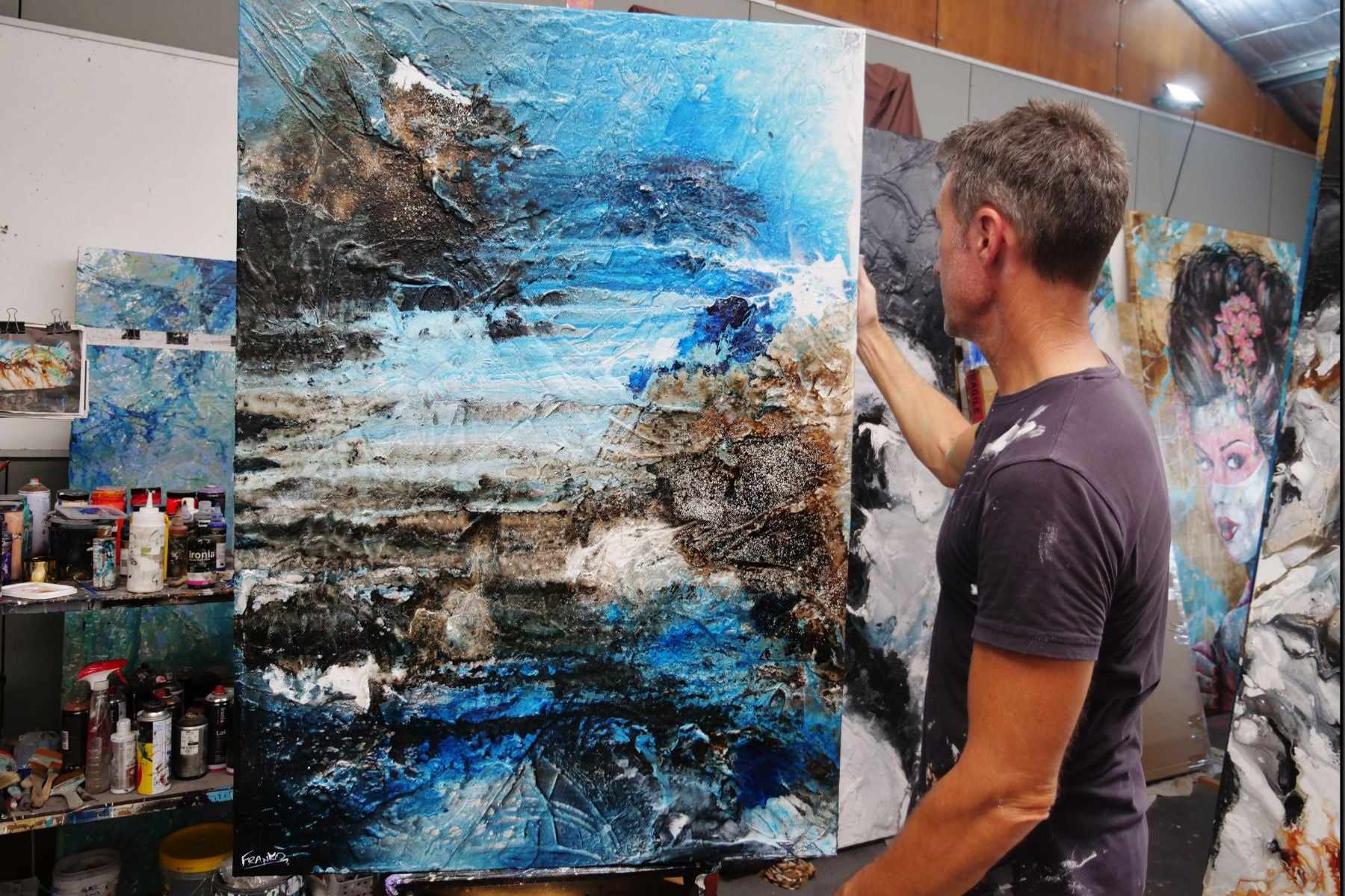 Honeycomb Cove 140cm x 100cm Blue Textured Abstract Painting (SOLD)-Abstract-[Franko_Artist]-[The_Block]-[Dream_Homes]-[ideas]- [Grand_Designs]-Franklin Art Studio
