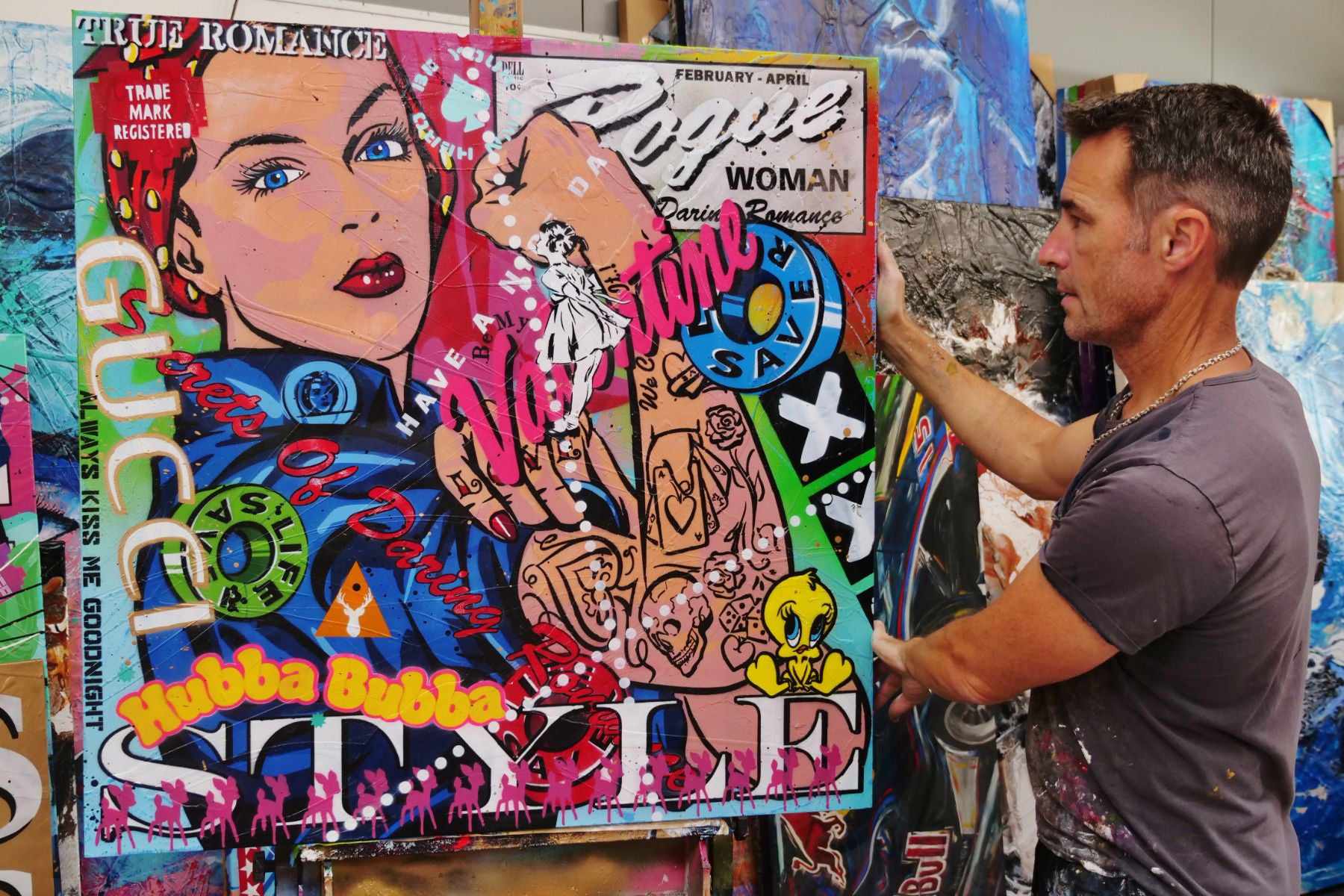 Hubba Bubba Rosie 100cm x 100cm Rosie The Riveter Textured Urban Pop Art Painting (SOLD)-Urban Pop Art-[Franko_Artist]-[The_Block]-[Dream_Homes]-[ideas]- [Grand_Designs]-Franklin Art Studio