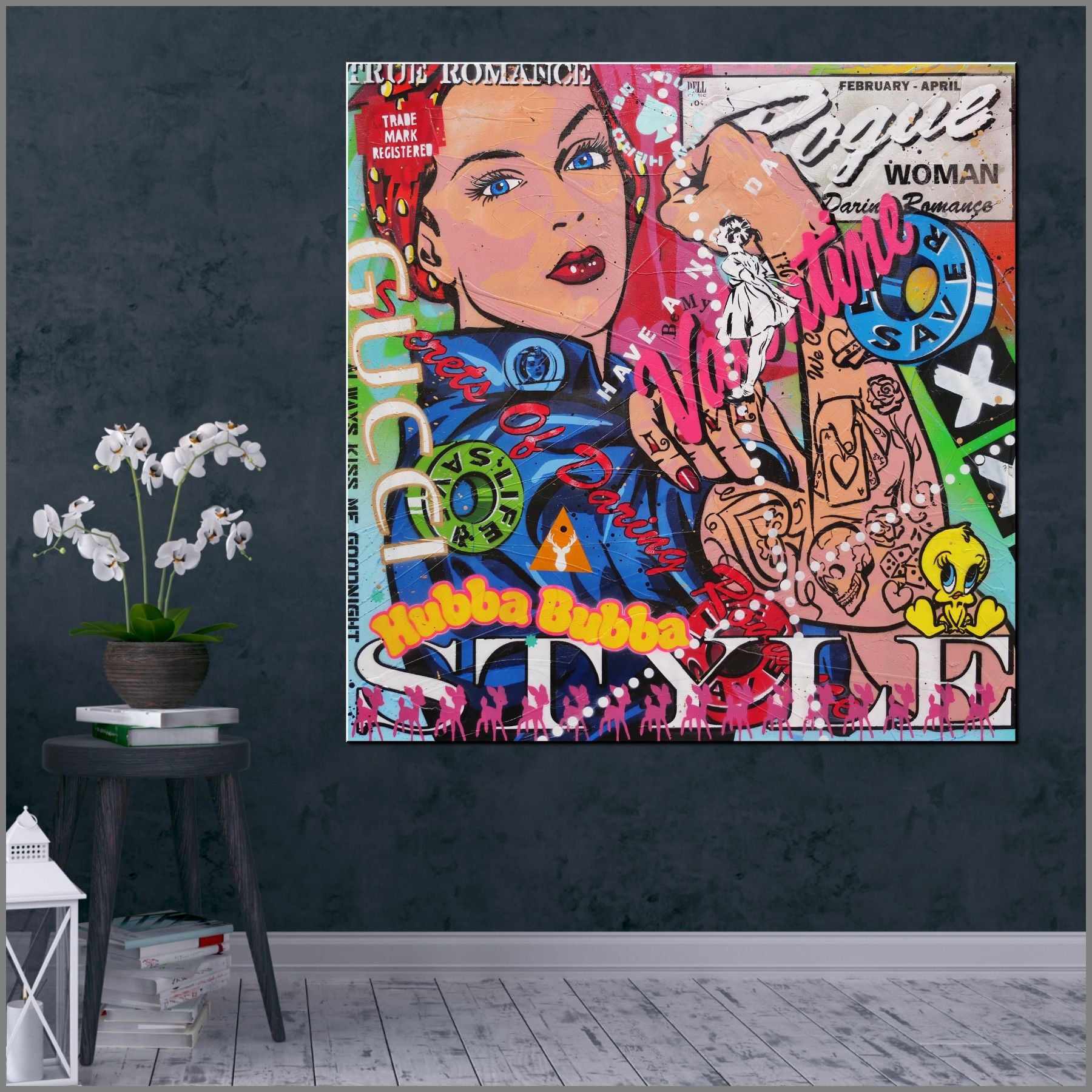 Hubba Bubba Rosie 100cm x 100cm Rosie The Riveter Textured Urban Pop Art Painting (SOLD)-Urban Pop Art-[Franko_Artist]-[Australian_artist]-[Gold_Coast]-[Brisbane]-[modern]-[contemporary]-[original]-[Large_artwork]-[The_Block]-[Dream_Homes]-[ideas]-[Grand_Designs]-[Art_Lover]-Franklin Art Studio