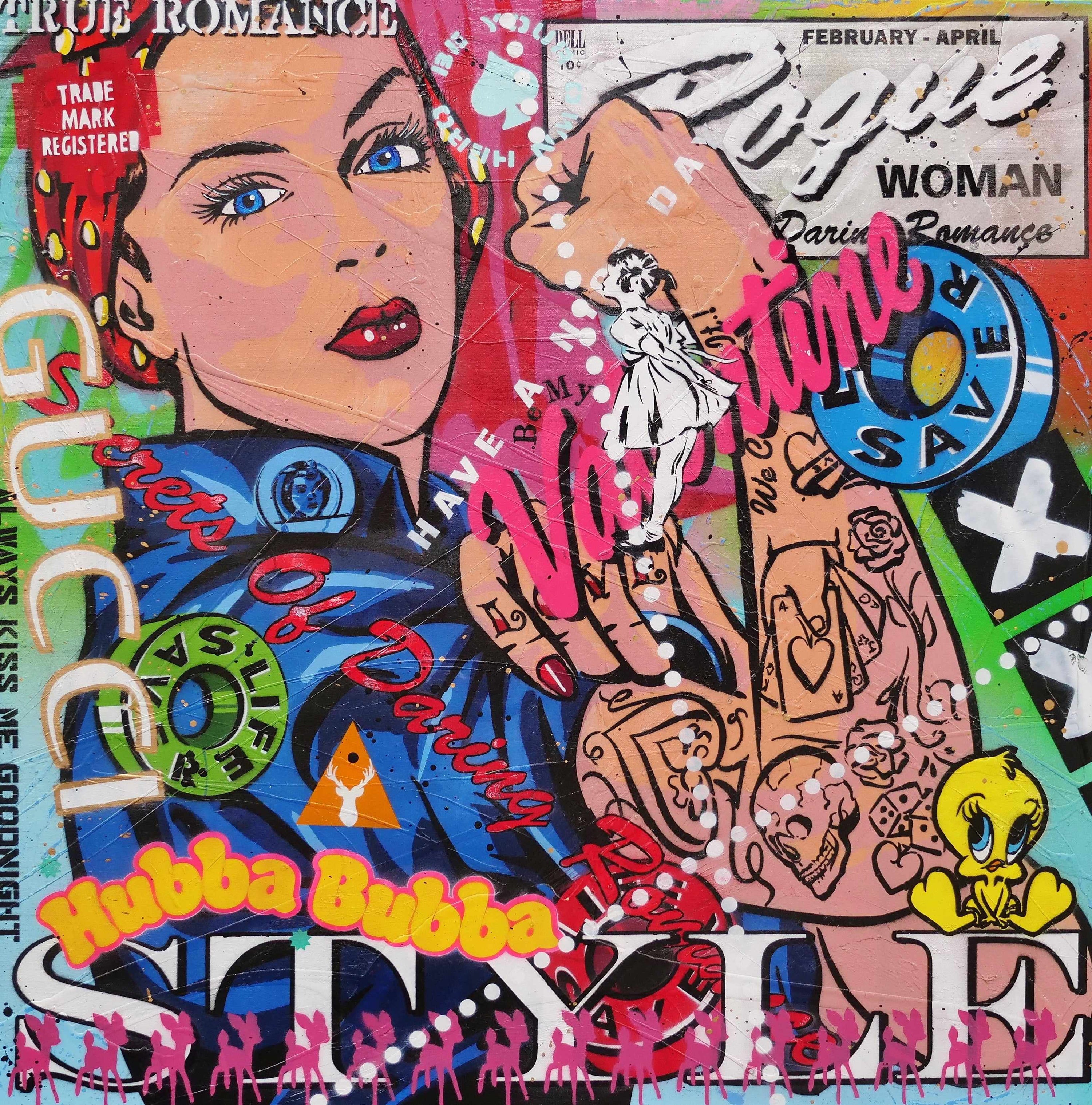 Hubba Bubba Rosie 100cm x 100cm Rosie The Riveter Textured Urban Pop Art Painting (SOLD)-Urban Pop Art-[Franko_Artist]-[Australian_artist]-[Gold_Coast]-[Brisbane]-[modern]-[contemporary]-[original]-[Large_artwork]-Franklin Art Studio