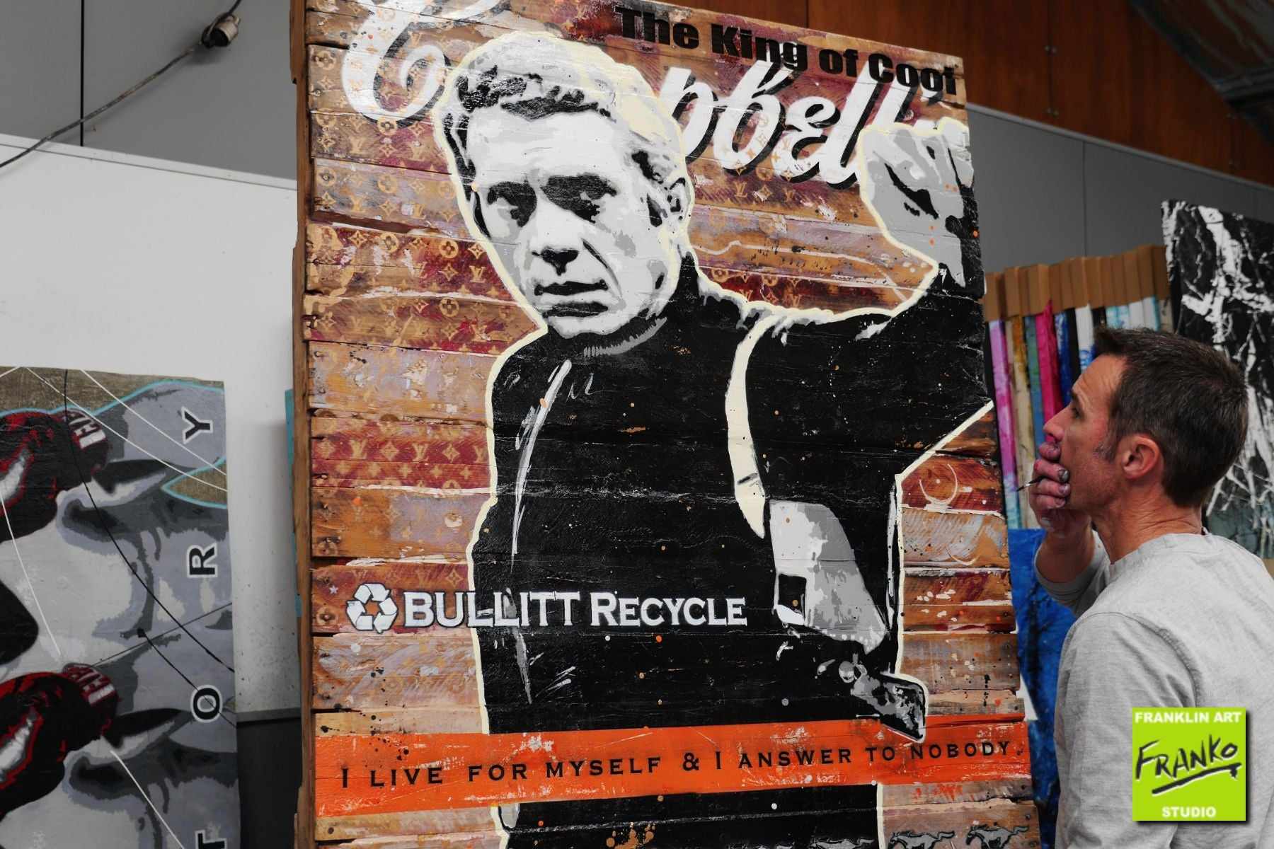 I Live For Myself 101cm x 122cm Steve McQueen Recycled Timber Crate Urban Pop Art Painting (SOLD)-urban pop-[Franko_Artist]-[The_Block]-[Dream_Homes]-[ideas]-[Grand_Designs]-[Art_Lover]-Franklin Art Studio