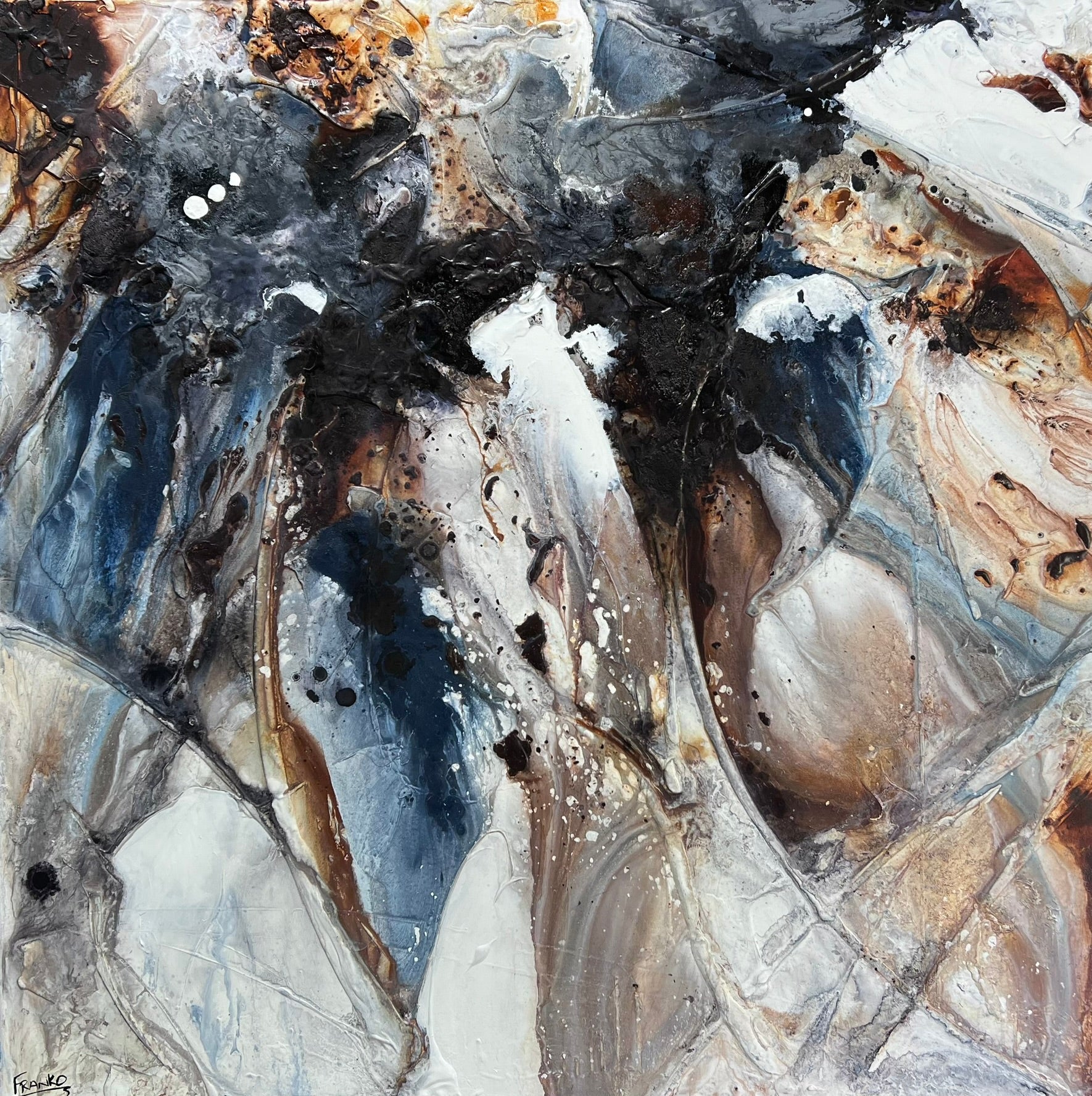 Denim and Umber 150cm x 150cm Rustic Blue Textured Abstract Painting (SOLD)-Abstract-[Franko_Artist]-[Australian_artist]-[Gold_Coast]-[Brisbane]-[modern]-[contemporary]-[original]-[Large_artwork]-Franklin Art Studio
