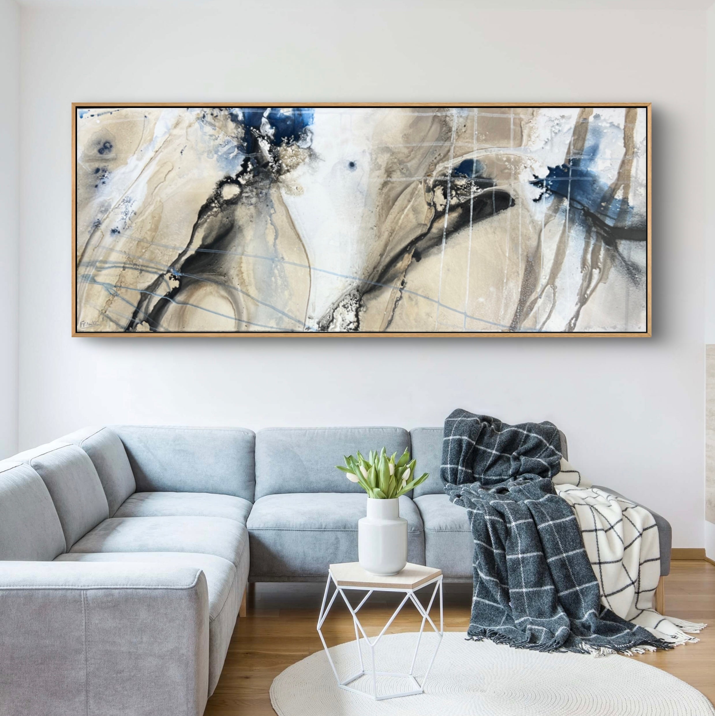 Refined 208 200cm x 80cm  Blue Rust Cream White Blended Abstract Painting (SOLD)