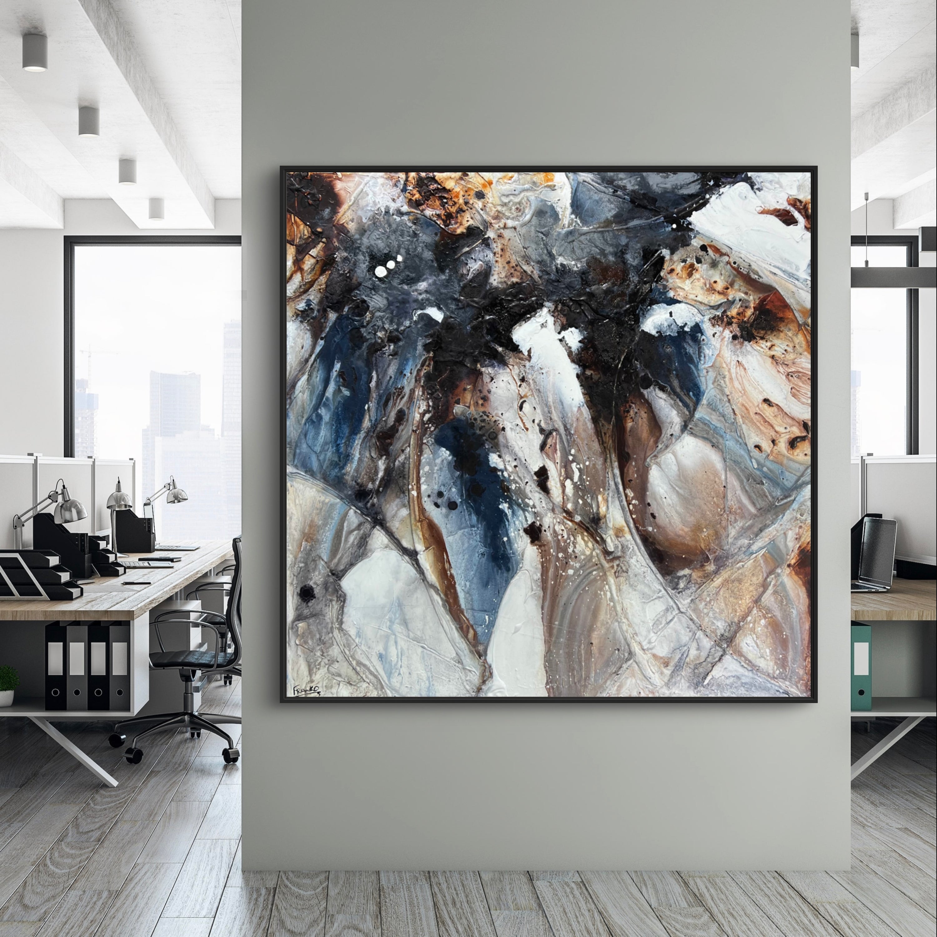 Denim and Umber 150cm x 150cm Rustic Blue Textured Abstract Painting (SOLD)-Abstract-[Franko_Artist]-[The_Block]-[Dream_Homes]-[ideas]-[Grand_Designs]-[Art_Lover]-Franklin Art Studio