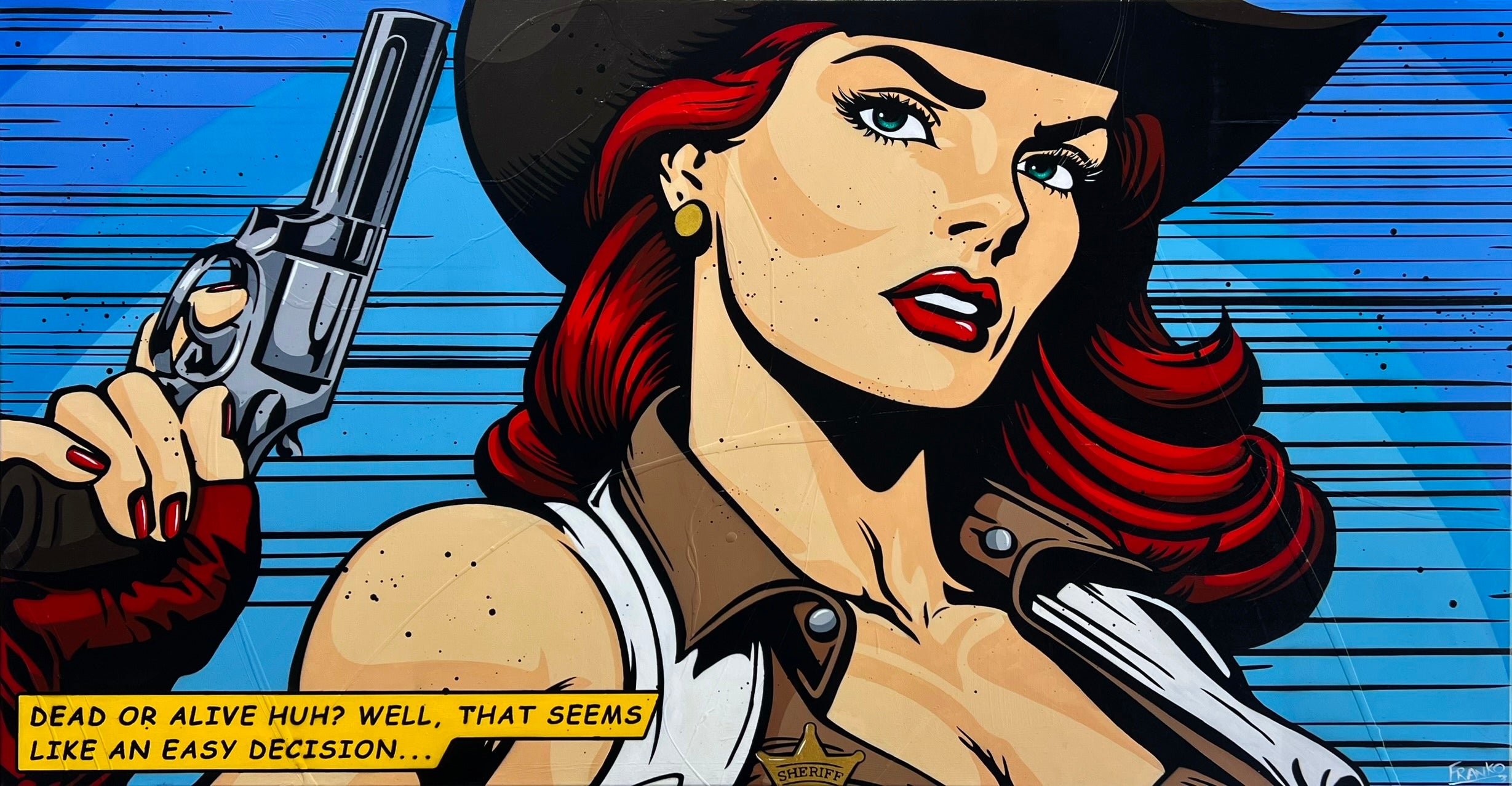 Cowgirls and Guns 190cm x 100cm Classic Pop Art Painting (SOLD)-Urban Pop Art-[Franko_Artist]-[Australian_artist]-[Gold_Coast]-[Brisbane]-[modern]-[contemporary]-[original]-[Large_artwork]-Franklin Art Studio