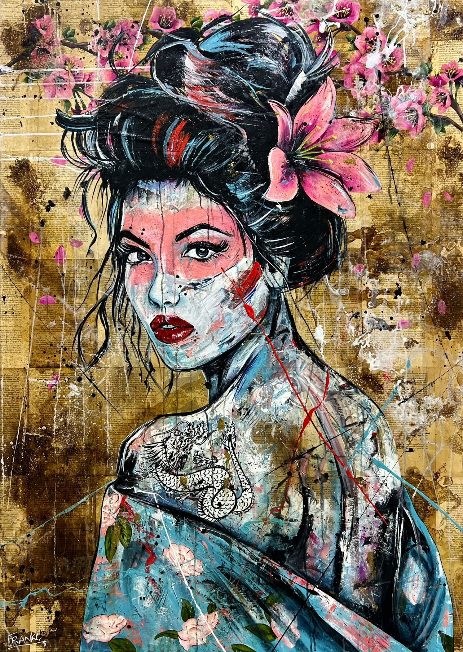 Katakana 140cm x 100cm Geisha Abstract Realism Book Club Painting (SOLD)-book club-[Franko_Artist]-[Australian_artist]-[Gold_Coast]-[Brisbane]-[modern]-[contemporary]-[original]-[Large_artwork]-Franklin Art Studio
