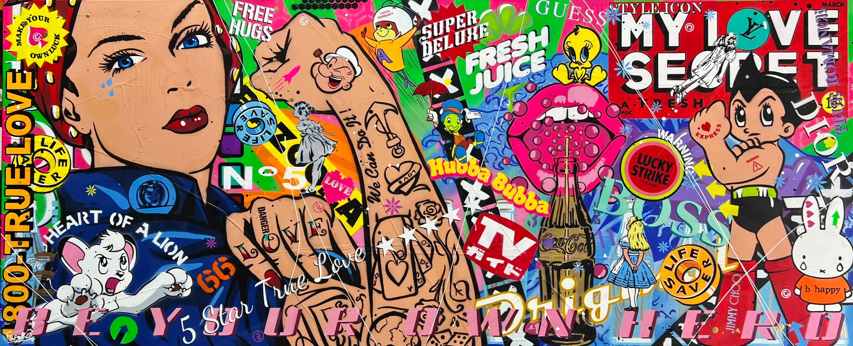 Rosie Can ... 240cm x 100cm Rosie the Riveter Textured Urban Pop Art Painting (SOLD)-Urban Pop Art-[Franko_Artist]-[Australian_artist]-[Gold_Coast]-[Brisbane]-[modern]-[contemporary]-[original]-[Large_artwork]-Franklin Art Studio