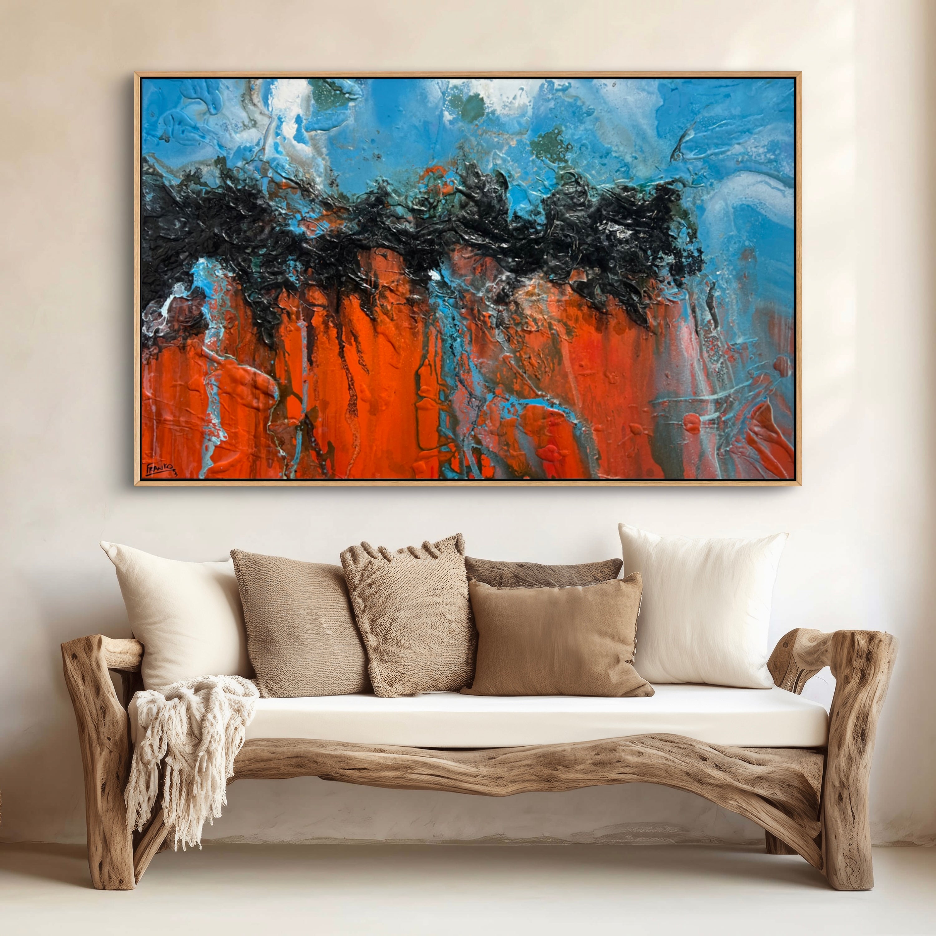 Outback Stay 160cm x 100cm Orange Blue Textured Abstract Painting-Abstract-[Franko_Artist]-[Australian_artist]-[Gold_Coast]-[Brisbane]-[modern]-[contemporary]-[original]-[Large_artwork]-[The_Block]-[Dream_Homes]-[ideas]-[Grand_Designs]-[Art_Lover]-Franklin Art Studio