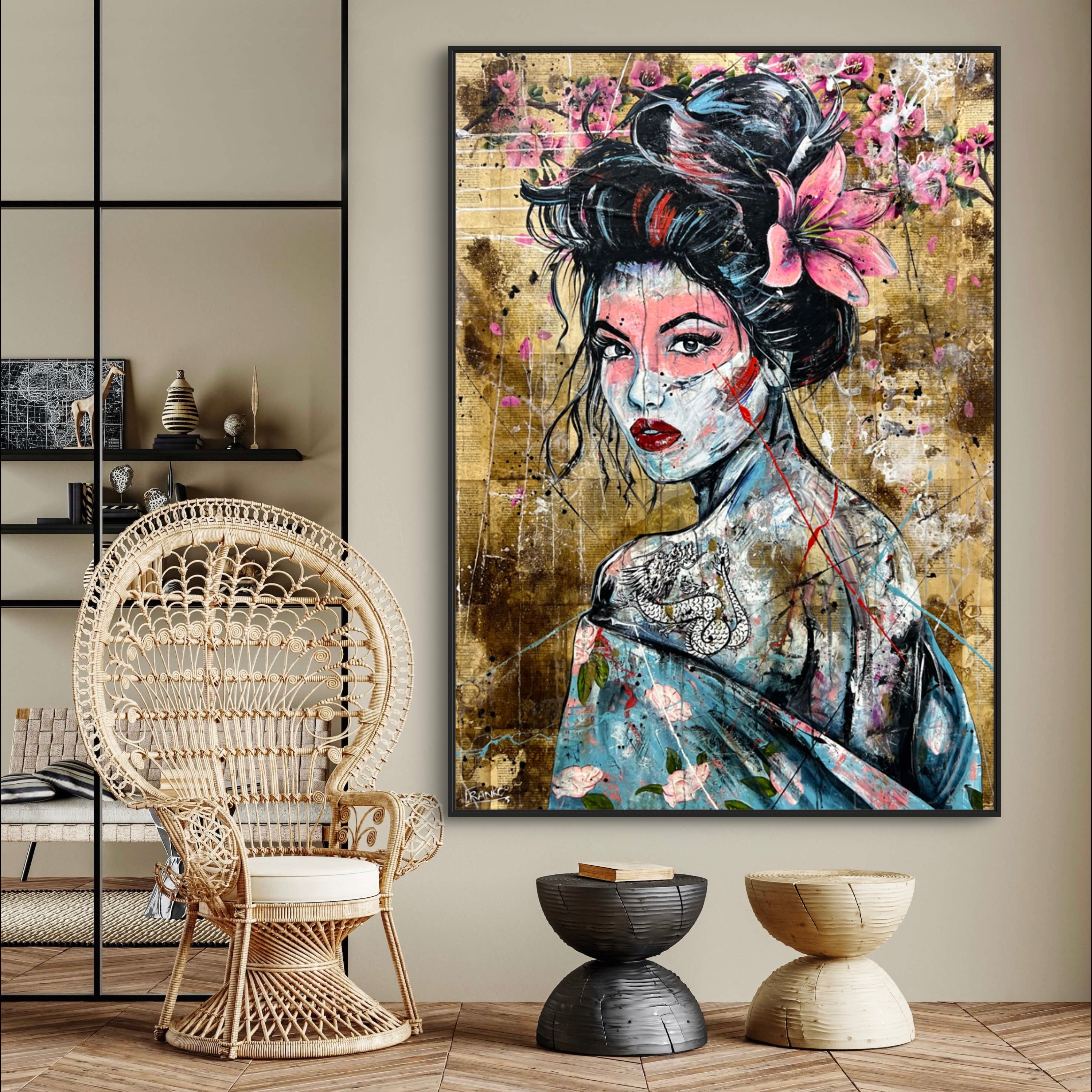 Katakana 140cm x 100cm Geisha Abstract Realism Book Club Painting (SOLD)-book club-[Franko_Artist]-[Australian_artist]-[Gold_Coast]-[Brisbane]-[modern]-[contemporary]-[original]-[Large_artwork]-[The_Block]-[Dream_Homes]-[ideas]-[Grand_Designs]-[Art_Lover]-Franklin Art Studio