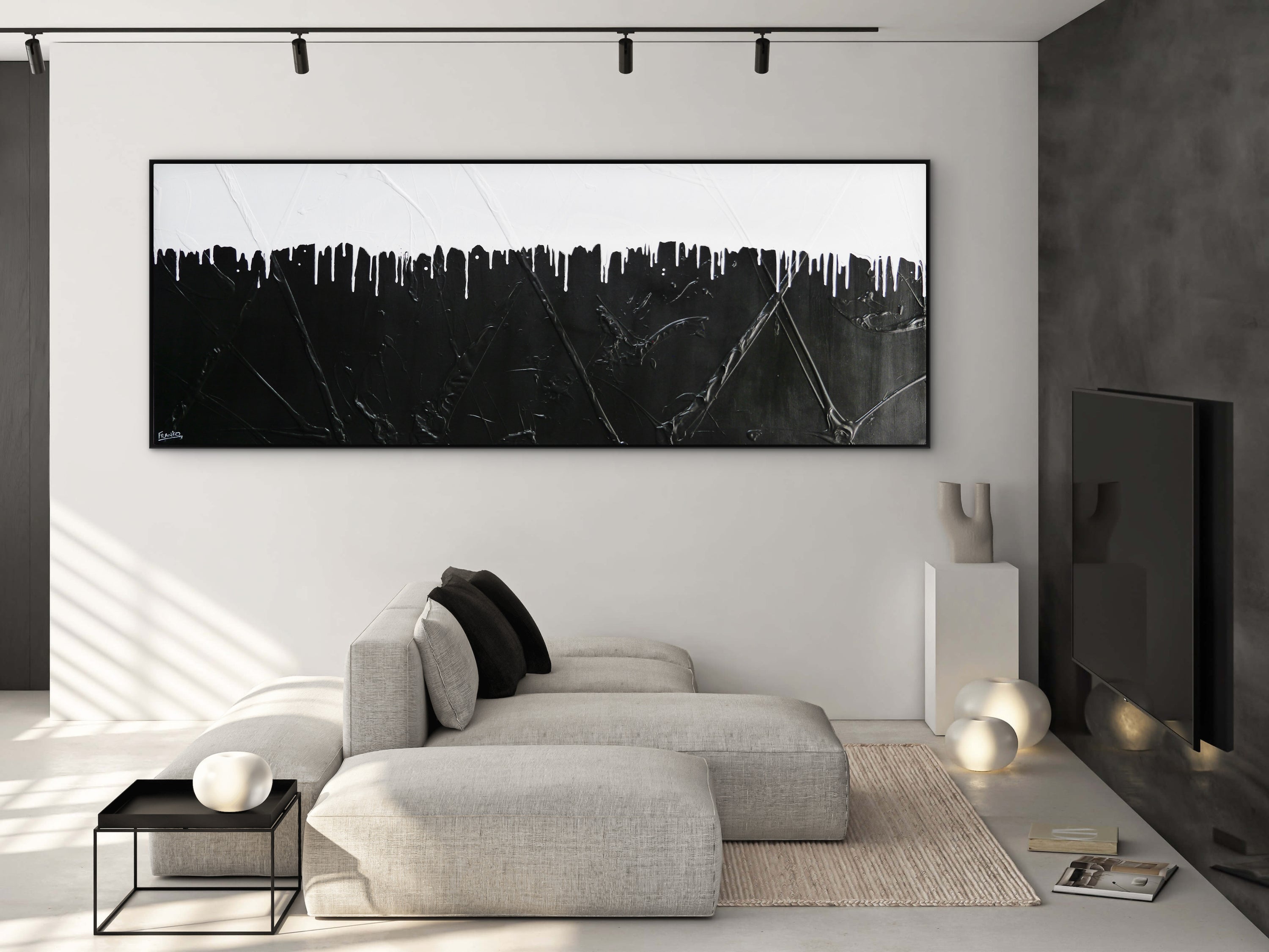 Whippy 270cm x 100cm Black and White Textured Abstract Painting
