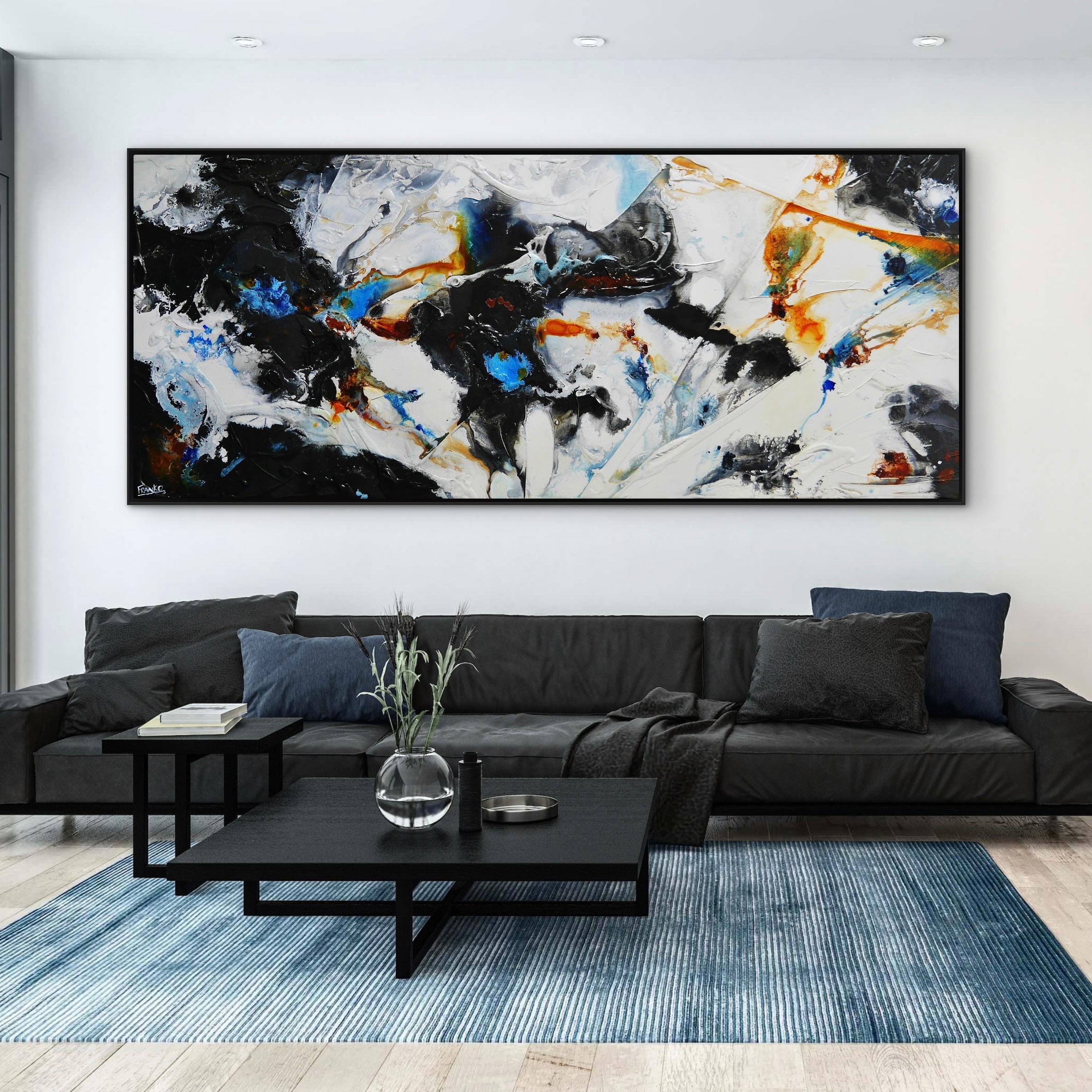 Evoque 240cm x 100cm White Rust Black Cobalt Textured Abstract Painting
