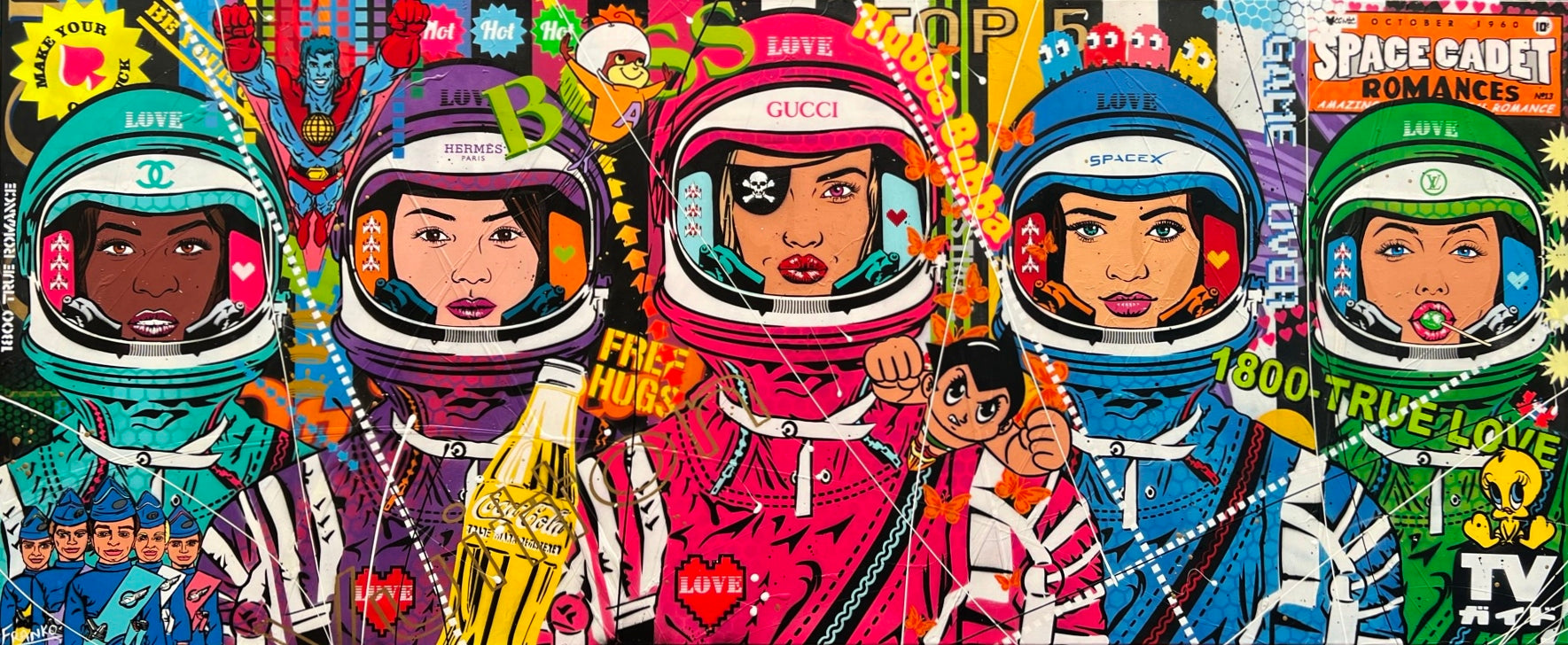 The Mission 240cm x 100cm Space Cadets Textured Urban Pop Art Painting (SOLD)-Urban Pop Art-[Franko_Artist]-[Australian_artist]-[Gold_Coast]-[Brisbane]-[modern]-[contemporary]-[original]-[Large_artwork]-Franklin Art Studio