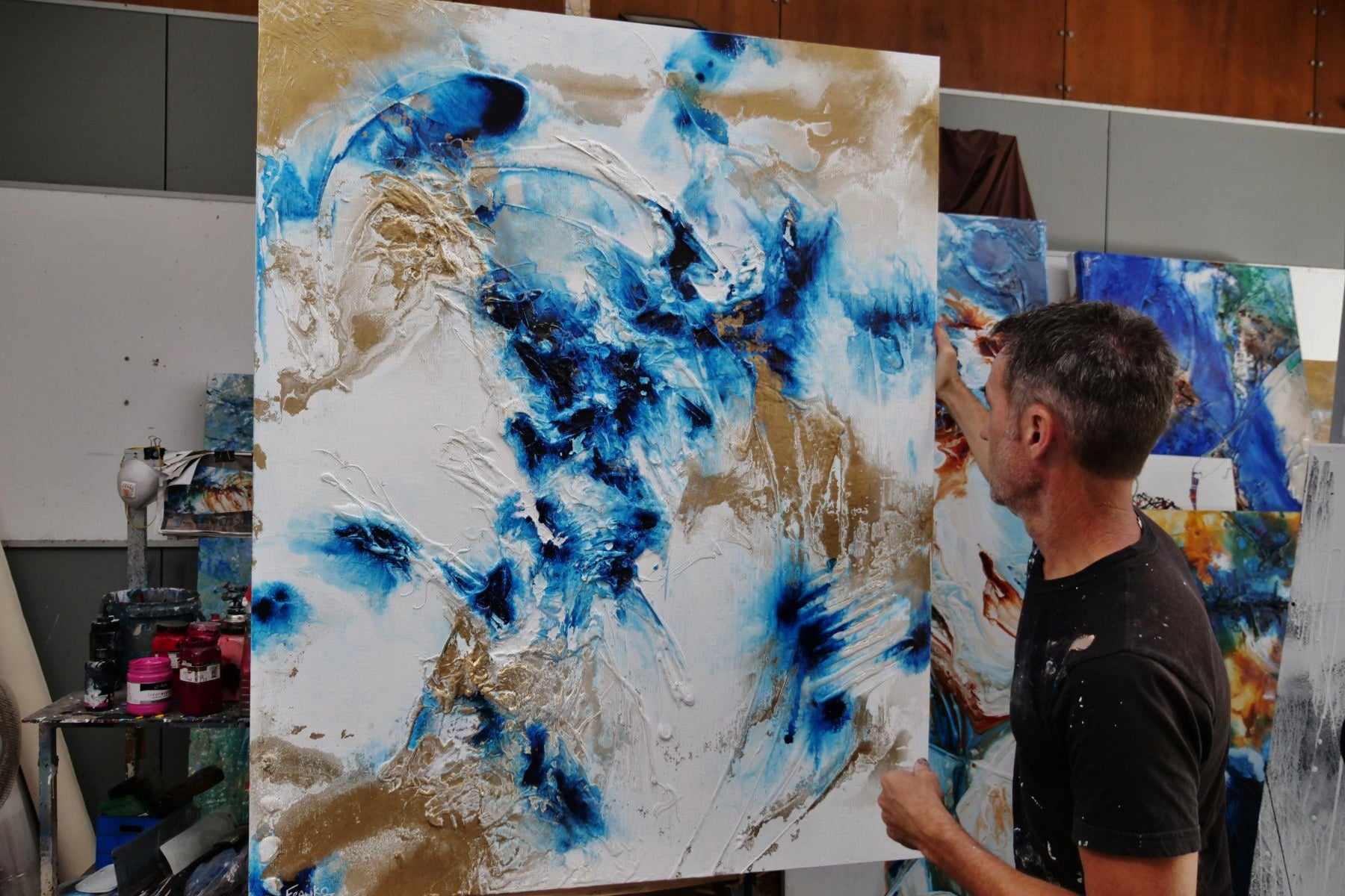 Ice Gold 120cm x 150cm White Blue Gold Textured Abstract Painting (SOLD)-Abstract-[Franko_Artist]-[The_Block]-[Dream_Homes]-[ideas]- [Grand_Designs]-Franklin Art Studio