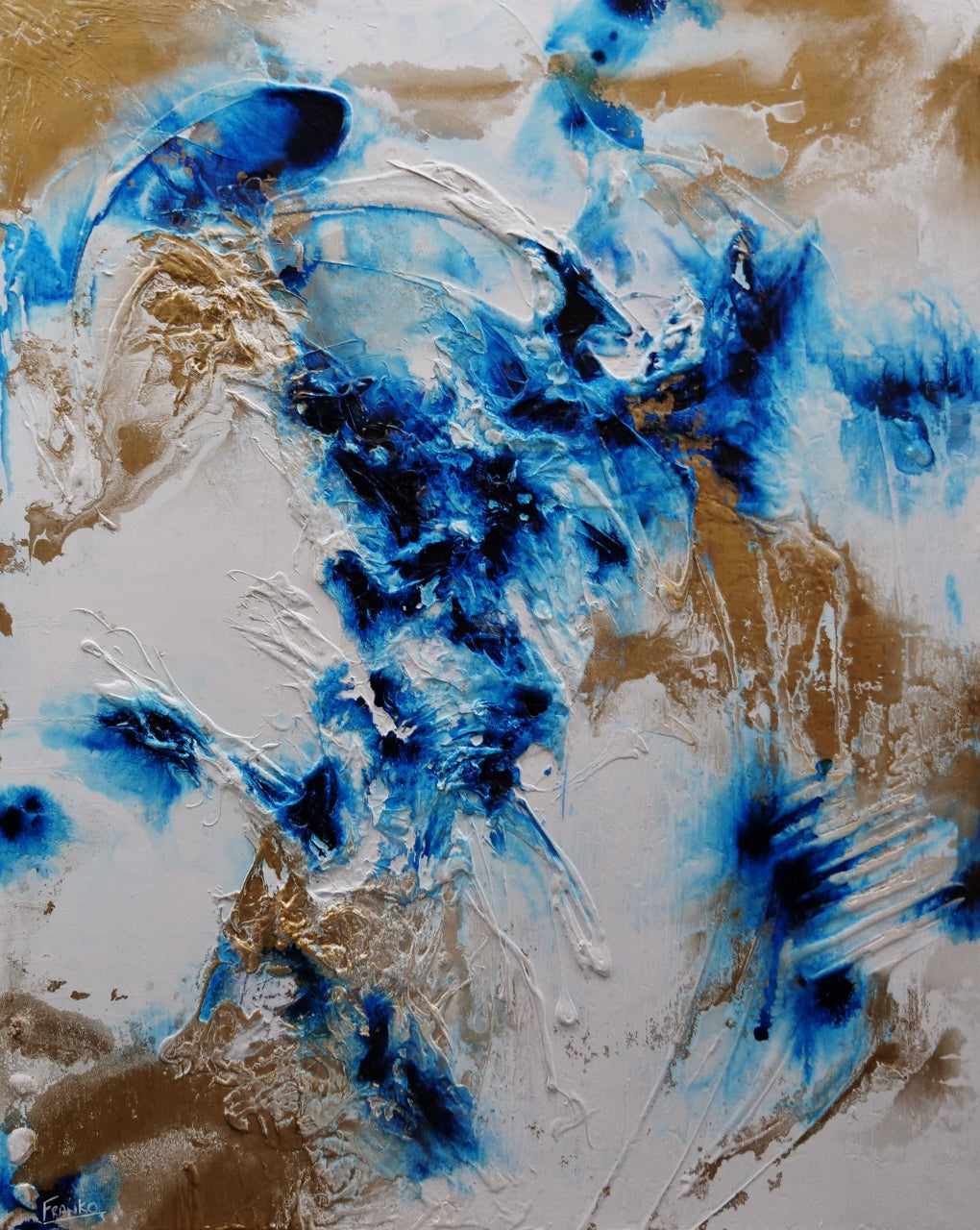 Ice Gold 120cm x 150cm White Blue Gold Textured Abstract Painting (SOLD)-Abstract-[Franko_Artist]-[Australian_artist]-[Gold_Coast]-[Brisbane]-[modern]-[contemporary]-[original]-[Large_artwork]-Franklin Art Studio