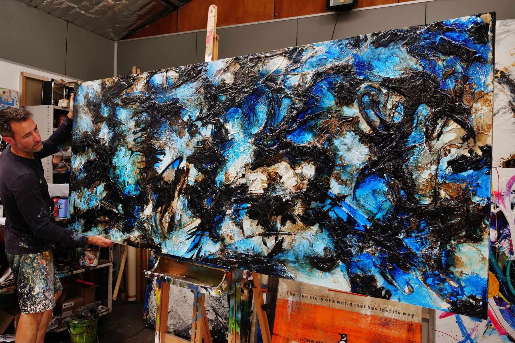 Ice Over Licorice 240cm x 100cm Blue Black Textured Abstract Painting (SOLD)-Abstract-[Franko_Artist]-[The_Block]-[Dream_Homes]-[ideas]- [Grand_Designs]-Franklin Art Studio