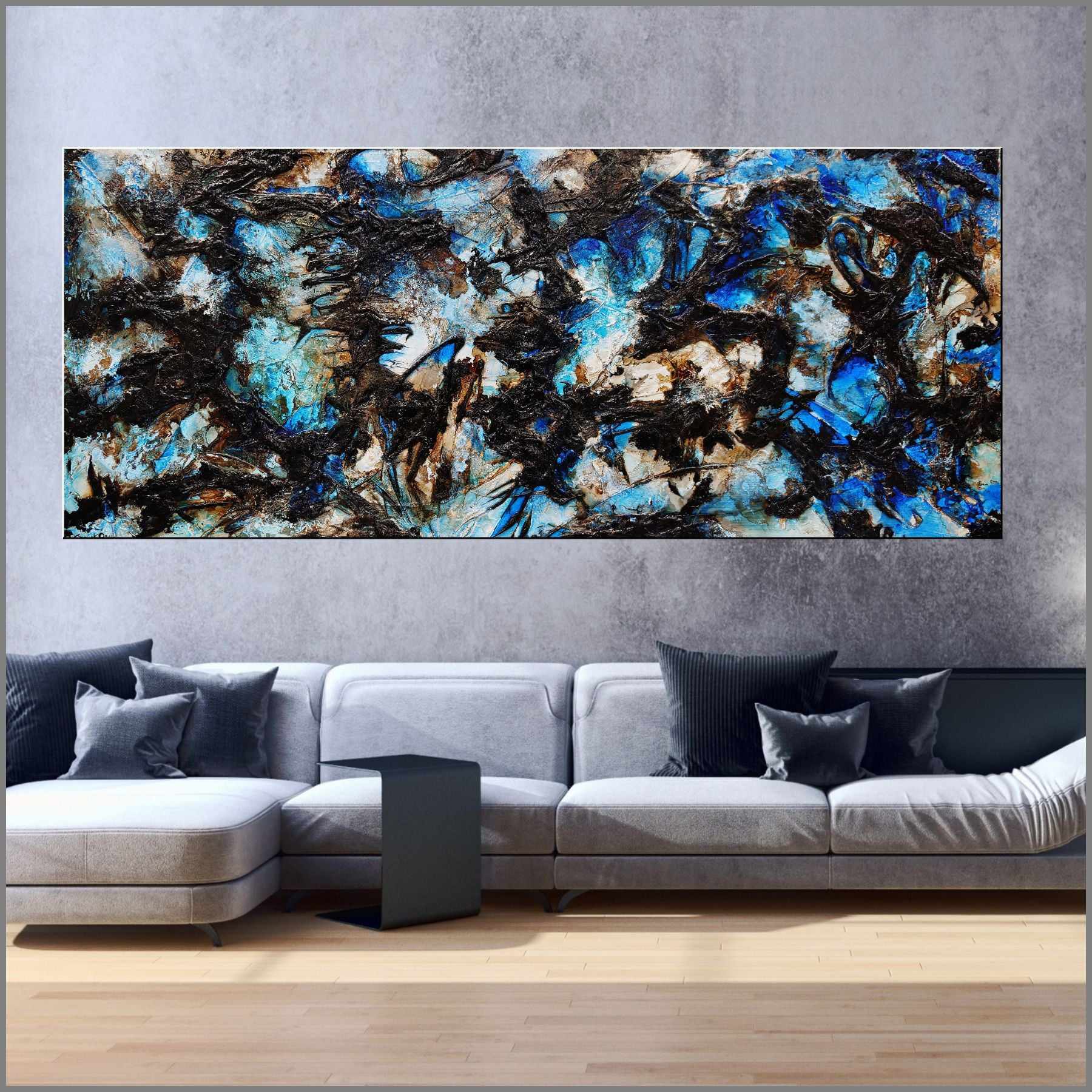 Ice Over Licorice 240cm x 100cm Blue Black Textured Abstract Painting (SOLD)-Abstract-[Franko_Artist]-[Australian_artist]-[Gold_Coast]-[Brisbane]-[modern]-[contemporary]-[original]-[Large_artwork]-[The_Block]-[Dream_Homes]-[ideas]-[Grand_Designs]-[Art_Lover]-Franklin Art Studio