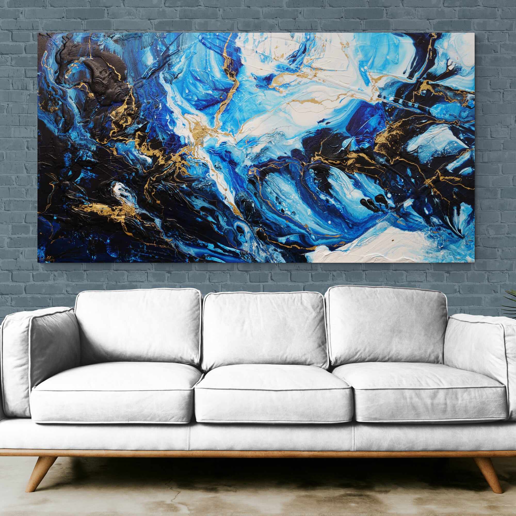 Iced Golden Sapphire 190cm x 100cm Blue White Gold Textured Abstract Painting (SOLD)-Abstract-[Franko]-[Artist]-[Australia]-[Painting]-Franklin Art Studio