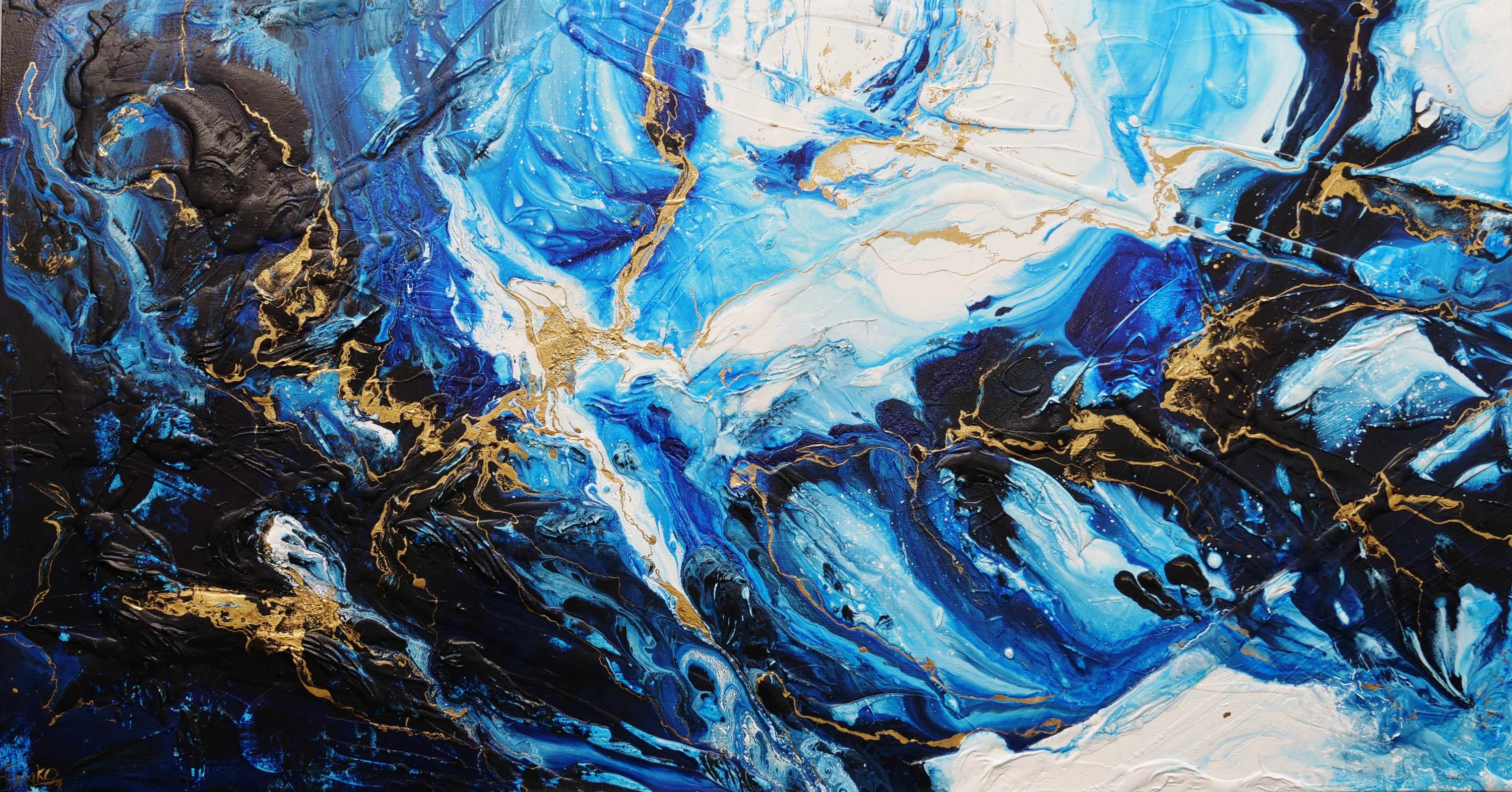 Iced Golden Sapphire 190cm x 100cm Blue White Gold Textured Abstract Painting (SOLD)-Abstract-[Franko_Artist]-[Australian_artist]-[Gold_Coast]-[Brisbane]-[modern]-[contemporary]-[original]-[Large_artwork]-Franklin Art Studio