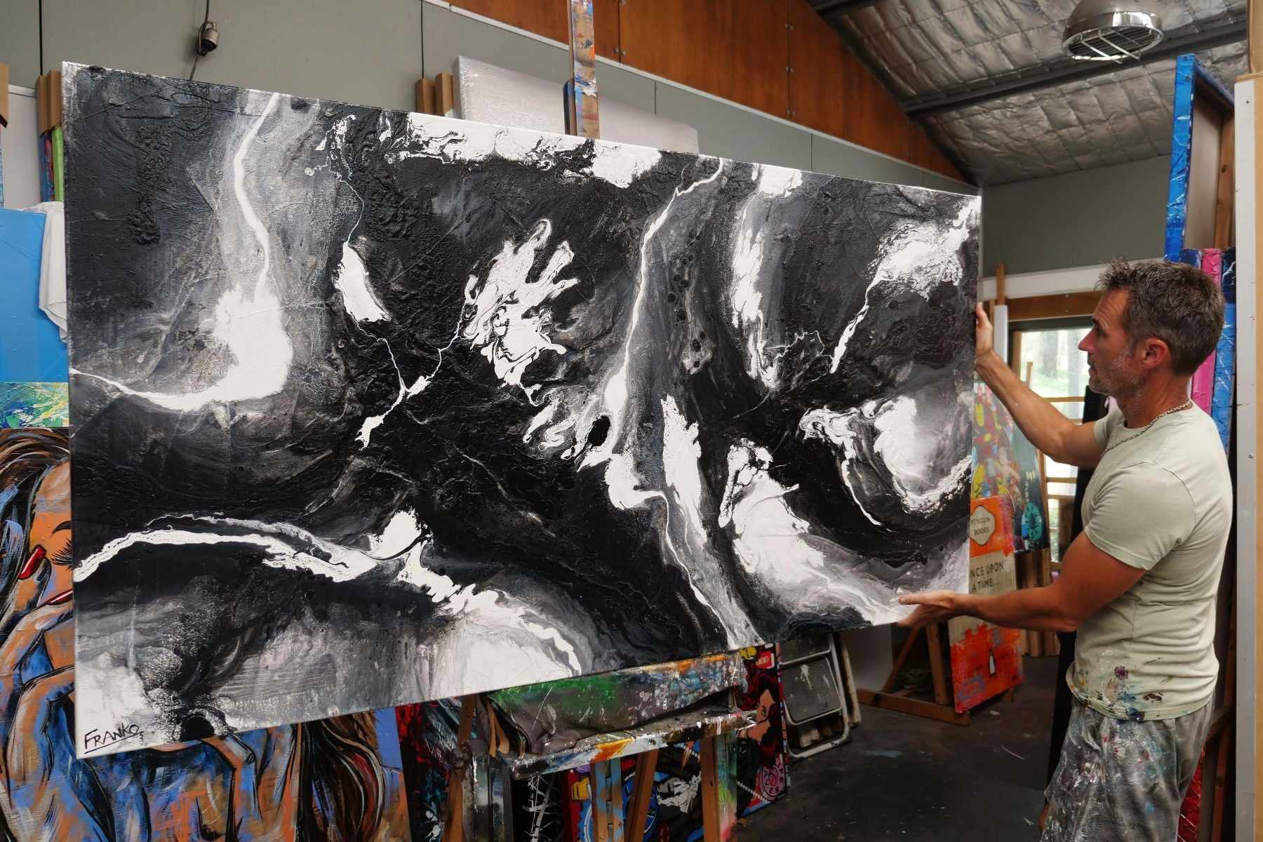 Iced Nero 190cm x 100cm Black White Textured Abstract Painting (SOLD)-Abstract-[Franko_Artist]-[The_Block]-[Dream_Homes]-[ideas]- [Grand_Designs]-Franklin Art Studio