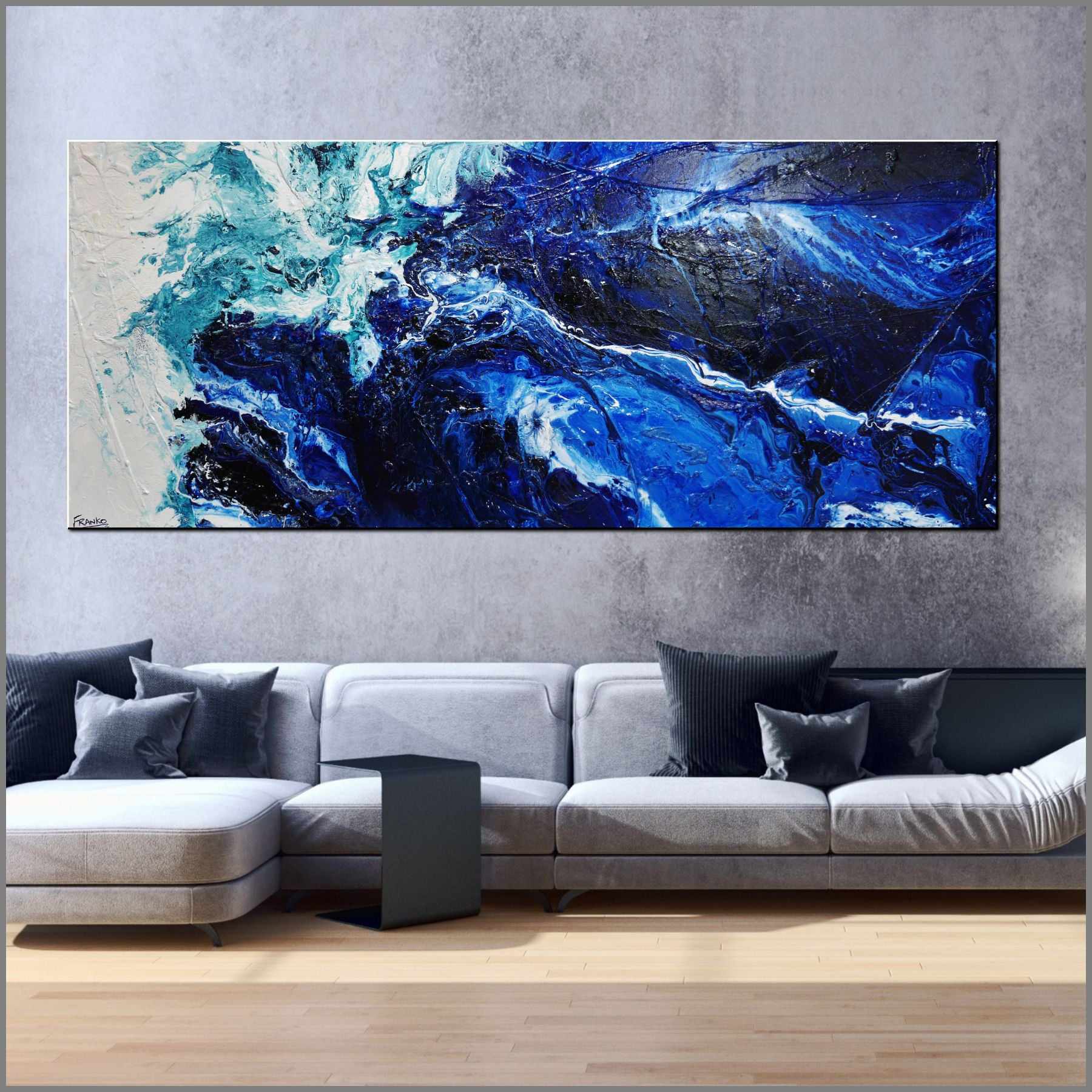 Iceland 240cm x 100cm Blue White Textured Abstract Painting (SOLD)-Abstract-[Franko_Artist]-[The_Block]-[Dream_Homes]-[ideas]- [Grand_Designs]-Franklin Art Studio