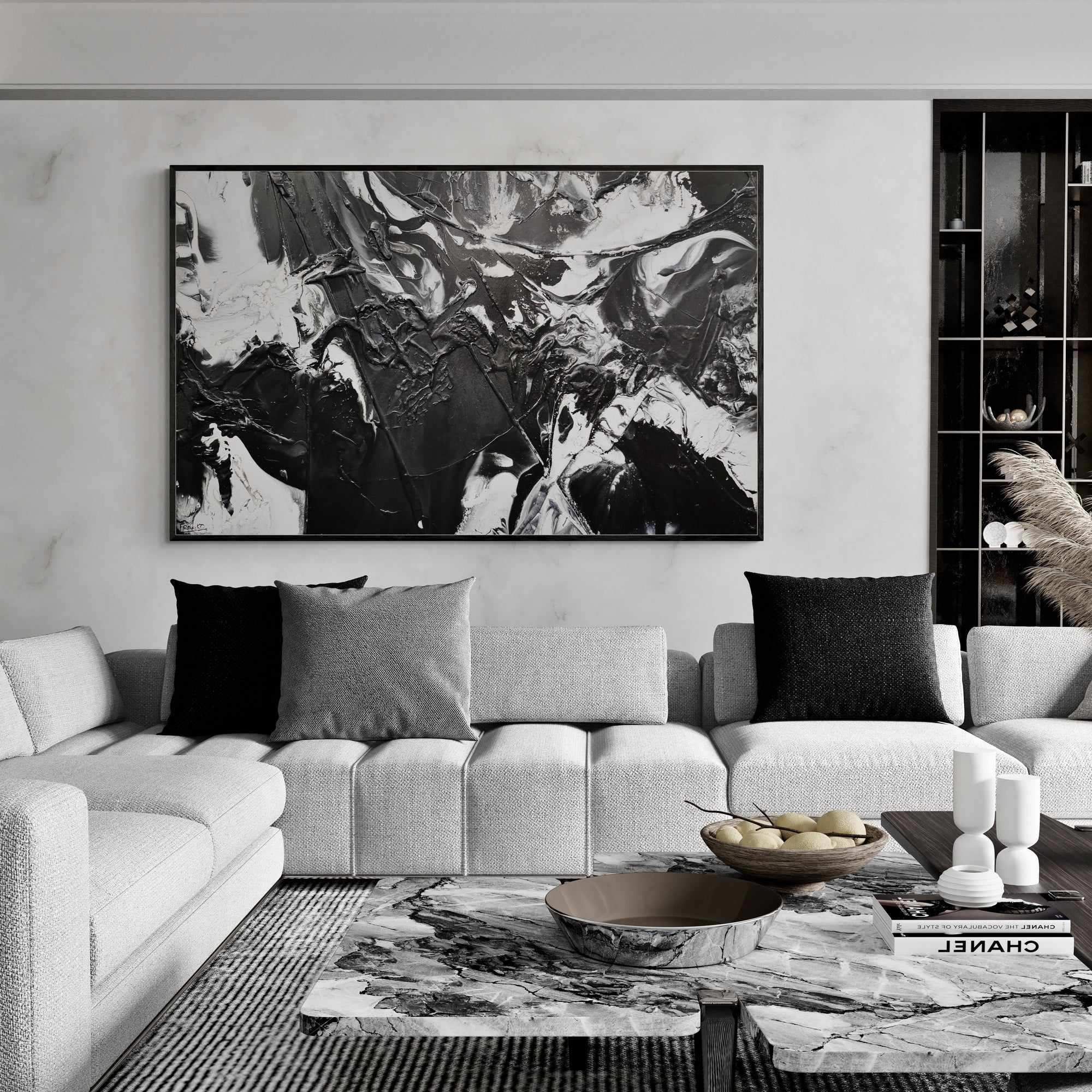 Illicit Noir 160cm x 100cm White Black Textured Abstract Painting (SOLD)-Abstract-[Franko_Artist]-[Australian_artist]-[Gold_Coast]-[Brisbane]-[modern]-[contemporary]-[original]-[Large_artwork]-[The_Block]-[Dream_Homes]-[ideas]-[Grand_Designs]-[Art_Lover]-Franklin Art Studio