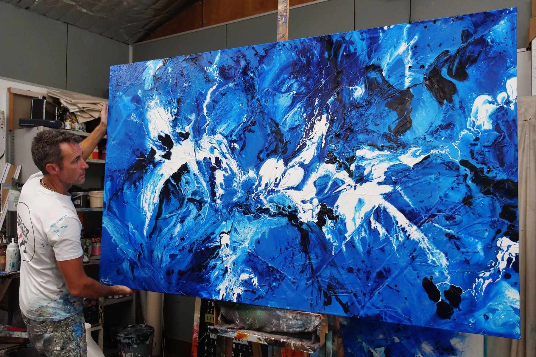 Indigo Waters 200cm x 120cm Blue White Textured Abstract Painting (SOLD)-Abstract-[Franko_Artist]-[The_Block]-[Dream_Homes]-[ideas]- [Grand_Designs]-Franklin Art Studio