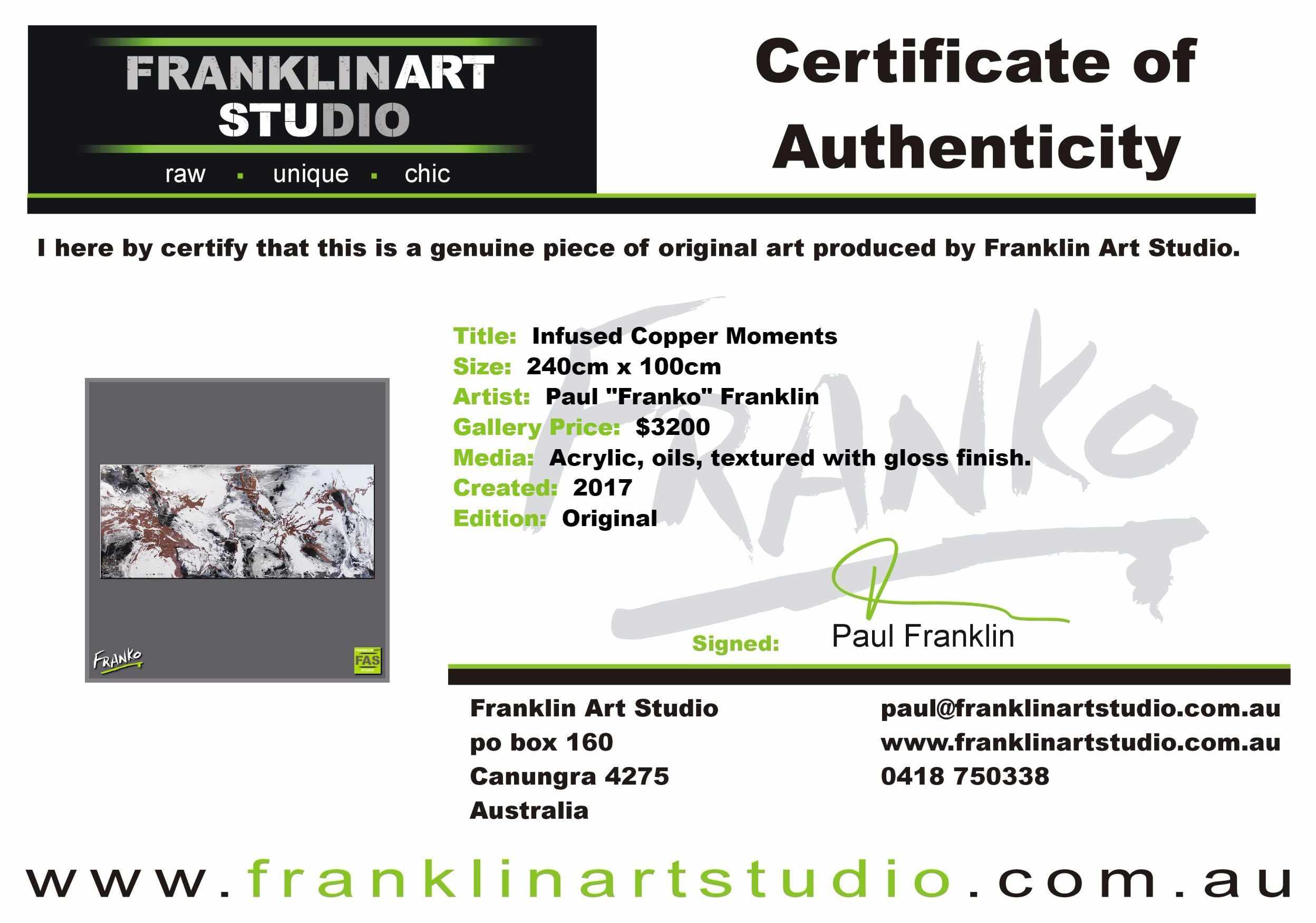 Infused Copper Moments 240cm x 100cm Copper White Abstract Painting (SOLD)-abstract-[Franko_Artist]-[The_Block]-[Dream_Homes]-[ideas]-[Grand_Designs]-[Art_Lover]-Franklin Art Studio