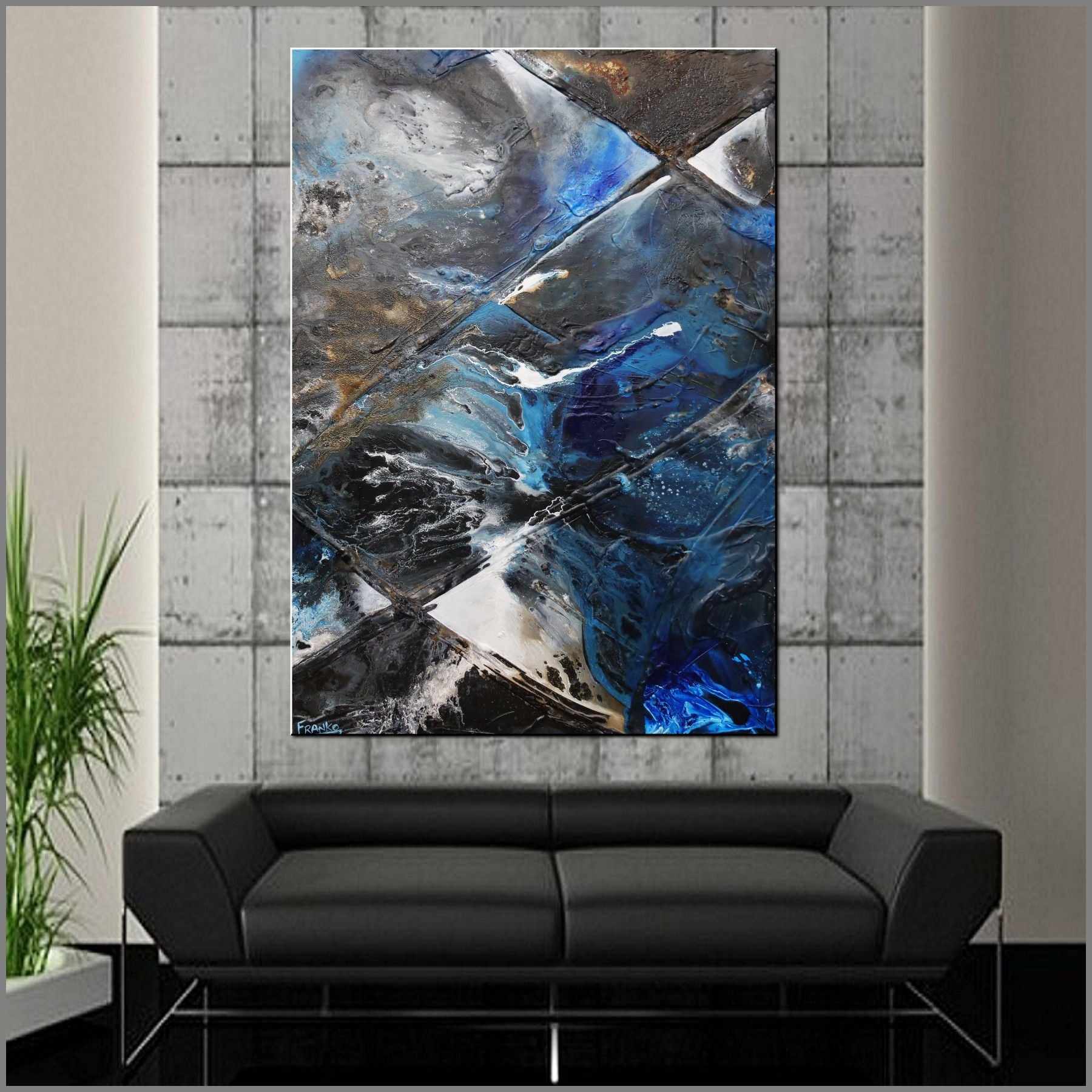 Ink Clash 140cm x 100cm Black Blue Textured Abstract Painting (SOLD)-Abstract-[Franko_Artist]-[Australian_artist]-[Gold_Coast]-[Brisbane]-[modern]-[contemporary]-[original]-[Large_artwork]-[The_Block]-[Dream_Homes]-[ideas]-[Grand_Designs]-[Art_Lover]-Franklin Art Studio
