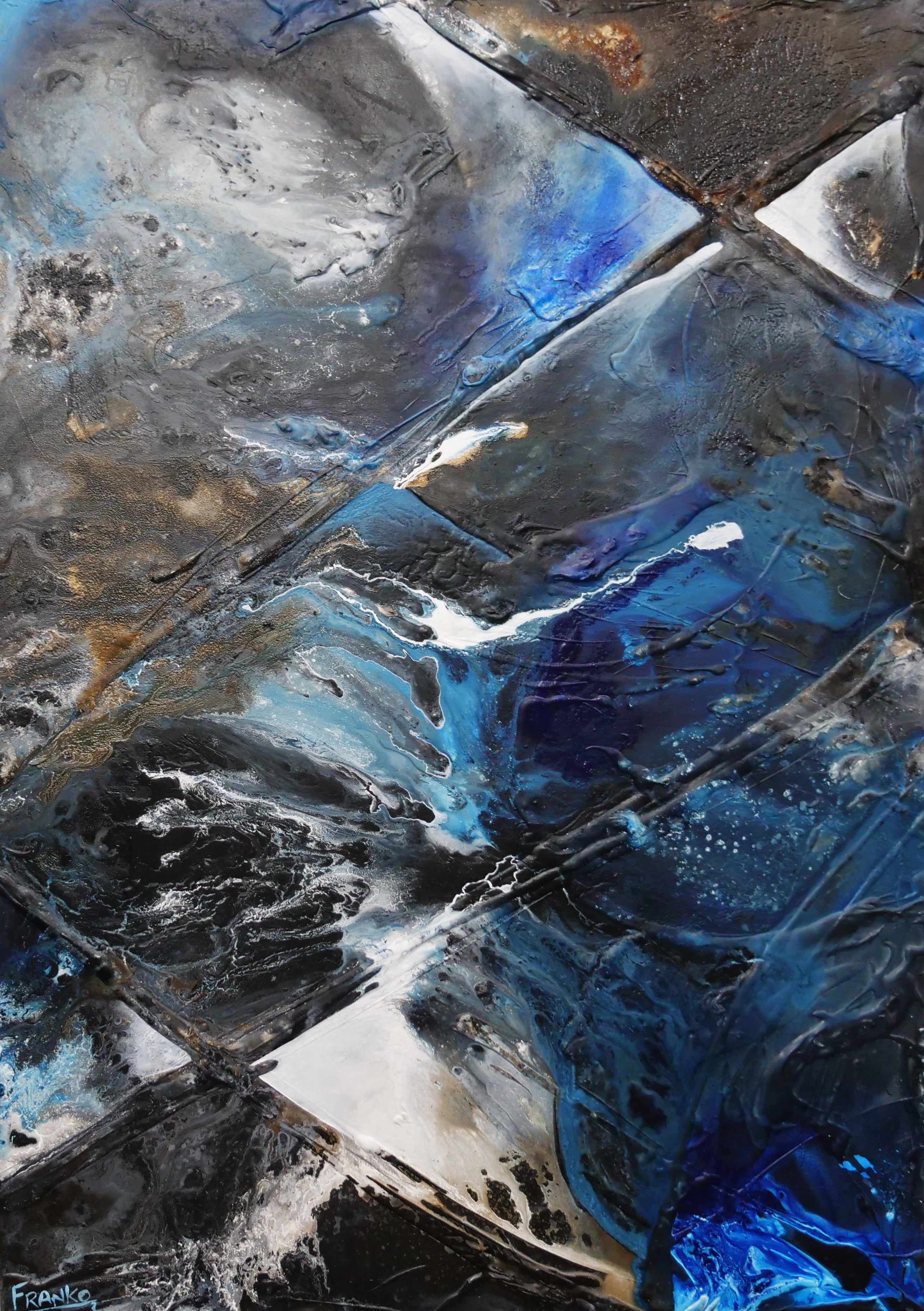 Ink Clash 140cm x 100cm Black Blue Textured Abstract Painting (SOLD)-Abstract-[Franko_Artist]-[Australian_artist]-[Gold_Coast]-[Brisbane]-[modern]-[contemporary]-[original]-[Large_artwork]-Franklin Art Studio