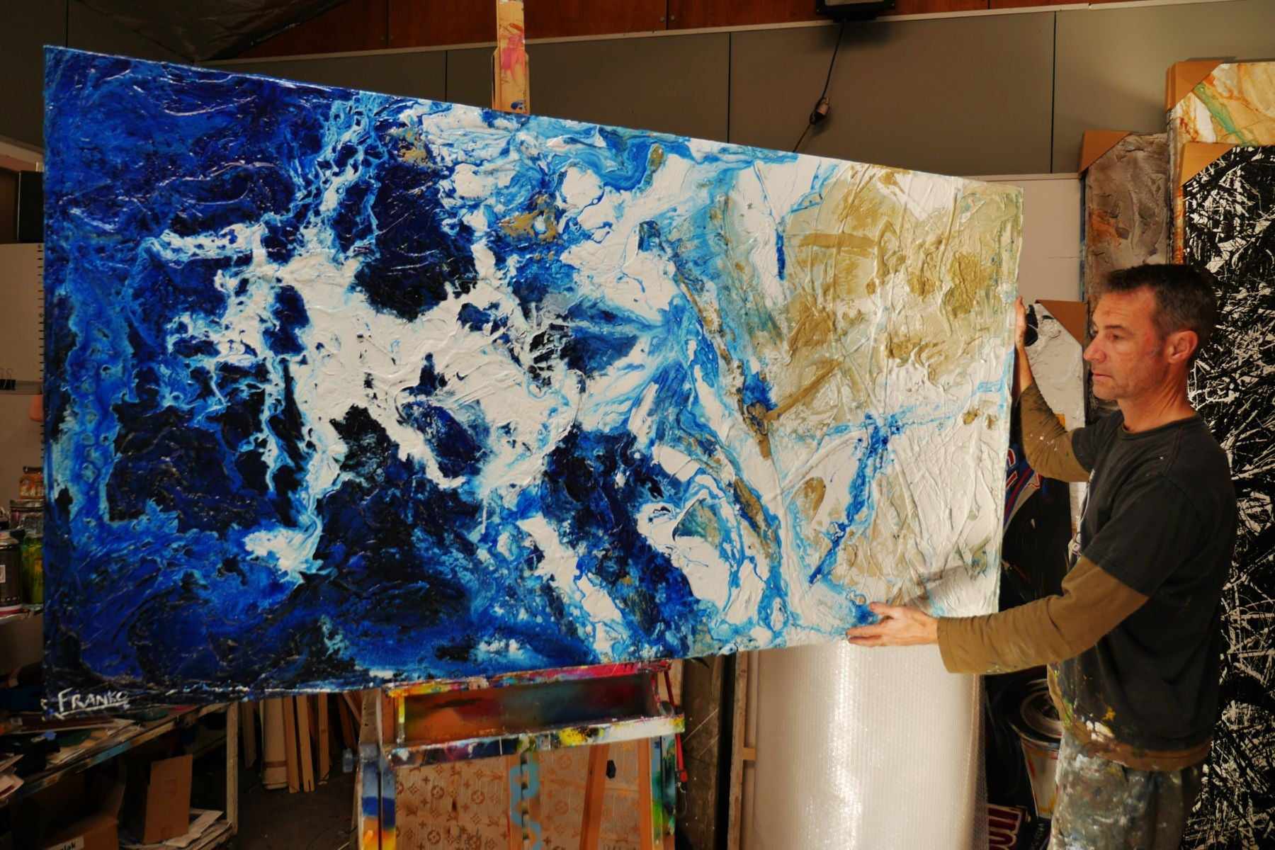 Inked Atoll 190cm x 100cm Cream Blue Textured Abstract Painting (SOLD)-Abstract-[Franko_Artist]-[The_Block]-[Dream_Homes]-[ideas]- [Grand_Designs]-Franklin Art Studio