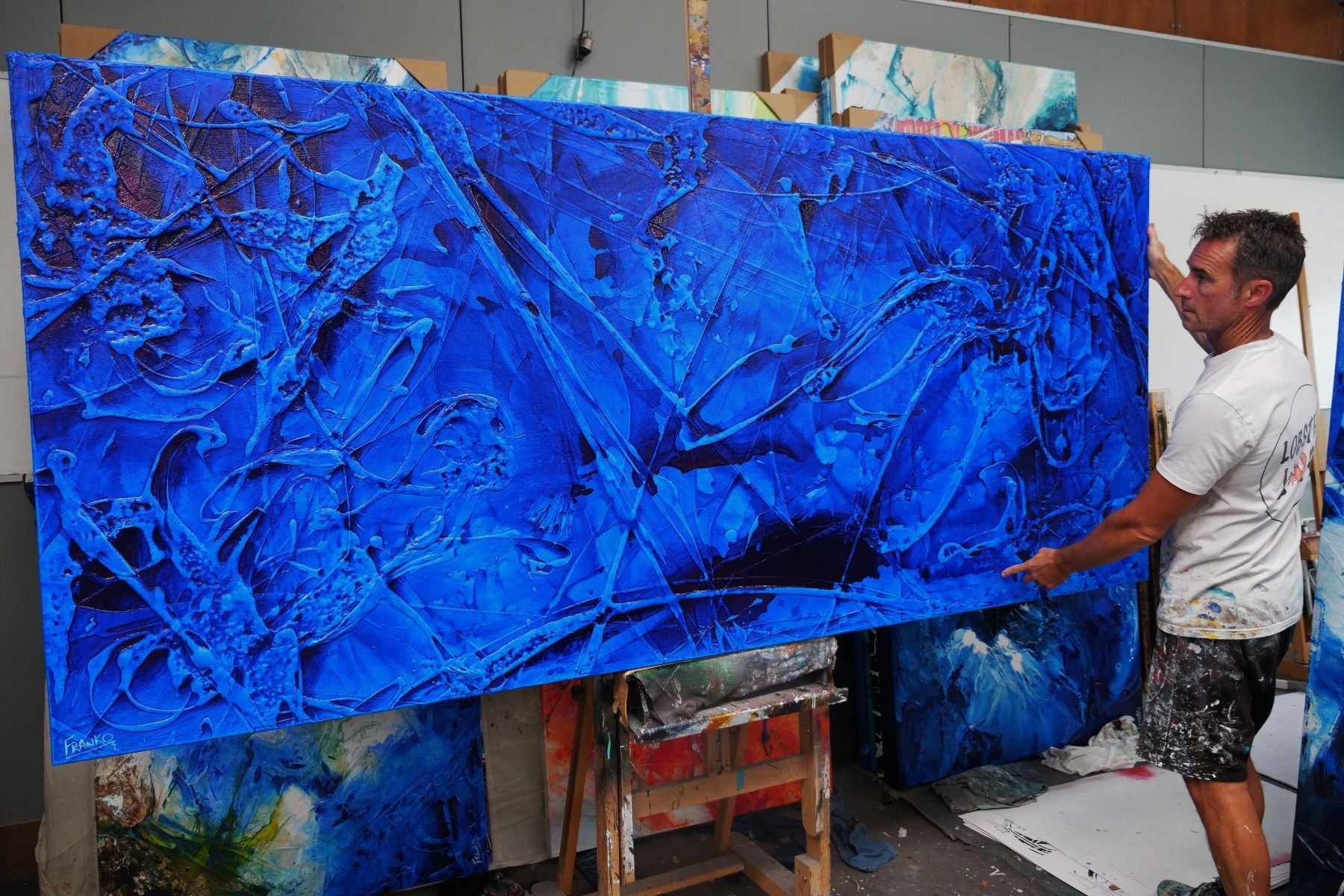 Inked Euphoria 270cm x 120cm Blue Ink Textured Abstract Painting (SOLD)-Abstract-[Franko_Artist]-[The_Block]-[Dream_Homes]-[ideas]- [Grand_Designs]-Franklin Art Studio
