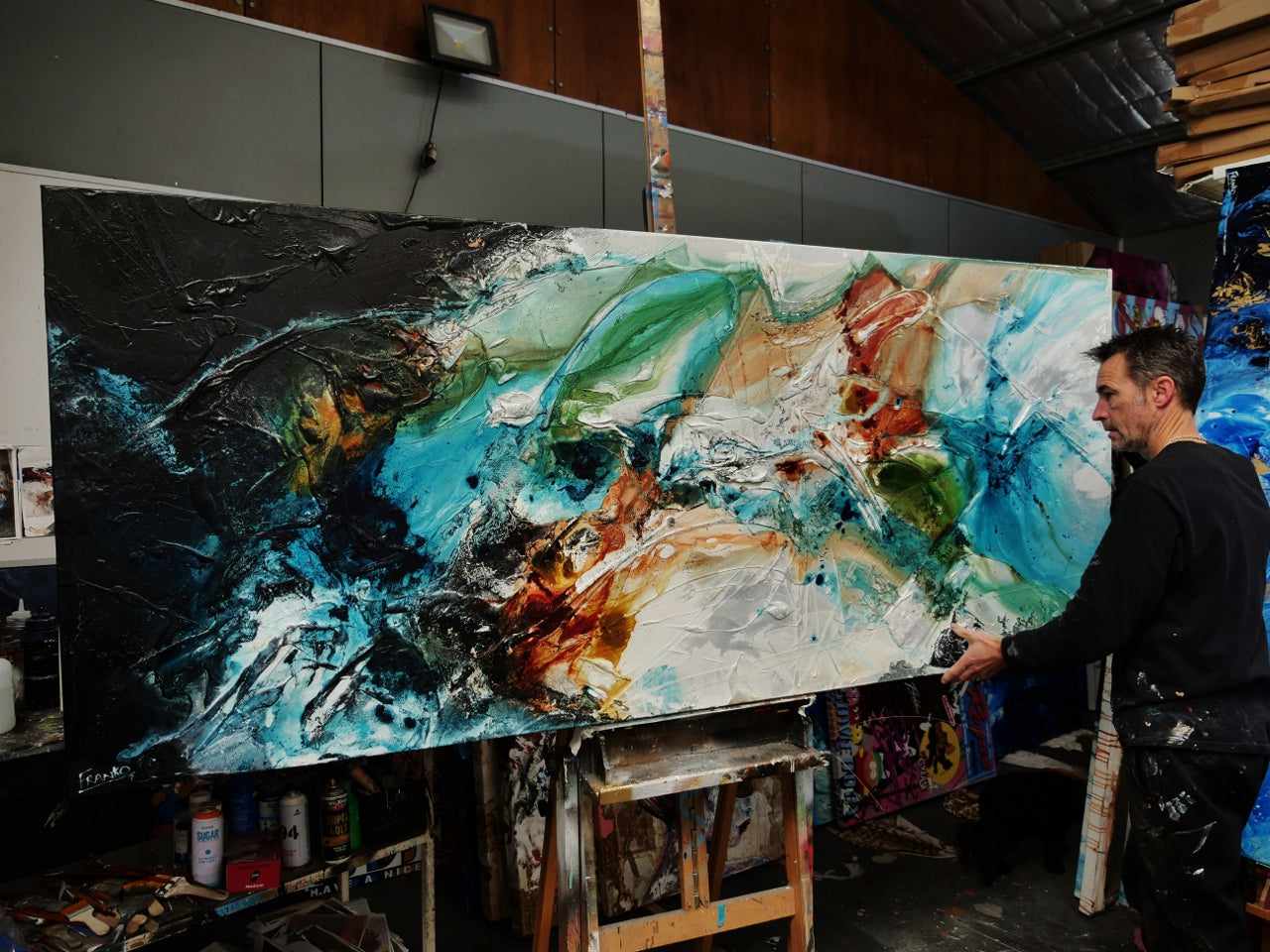 Iron and Oxide 240cm x 100cm Black White Teal Textured Abstract Painting (SOLD)-Abstract-[Franko_Artist]-[The_Block]-[Dream_Homes]-[ideas]-[Grand_Designs]-[Art_Lover]-Franklin Art Studio