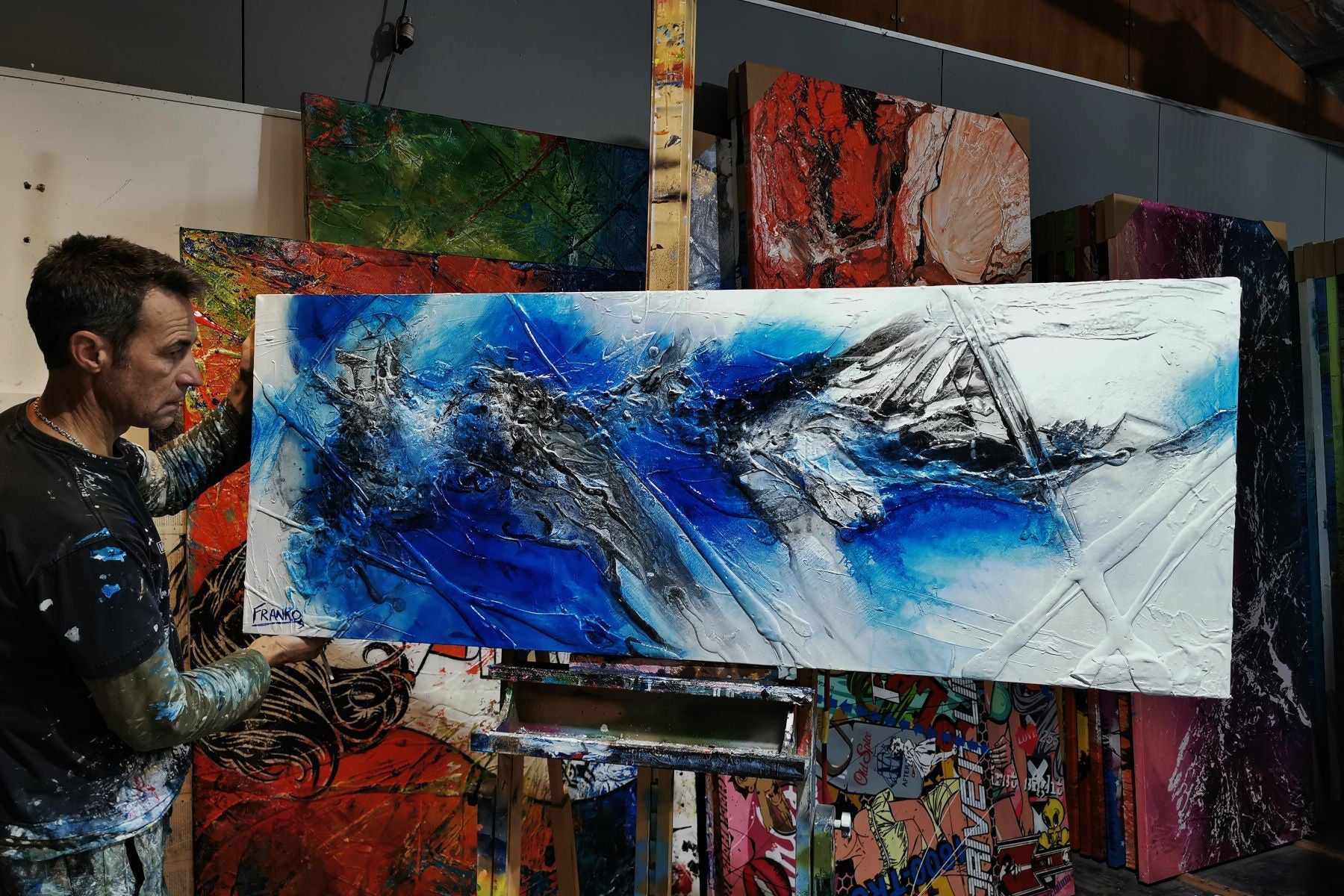 Jetted Atmosphere 160cm x 60cm Blue White Textured Abstract Painting-Abstract-[Franko]-[Australian]-[Popular]-[Best Selling]-Franklin Art Studio