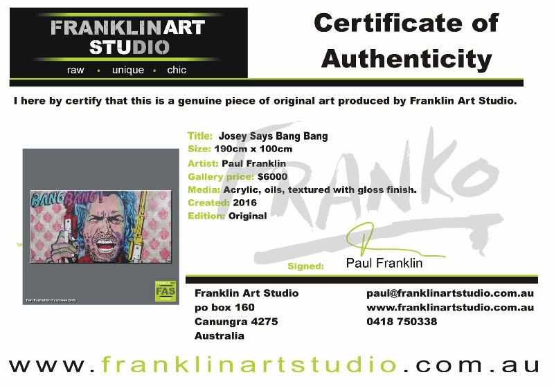 Josey Says Bang Bang 190cm x 100cm Josey Wales Concrete Base Pop Art Painting (SOLD)-concrete-[Franko_Artist]-[The_Block]-[Dream_Homes]-[ideas]-[Grand_Designs]-[Art_Lover]-Franklin Art Studio