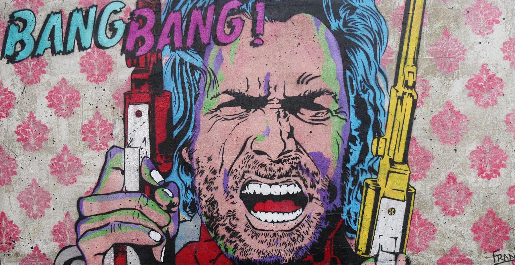 Josey Says Bang Bang 190cm x 100cm Josey Wales Concrete Base Pop Art Painting (SOLD)-concrete-[Franko_Artist]-[Australian_artist]-[Gold_Coast]-[Brisbane]-[modern]-[contemporary]-[original]-[Large_artwork]-Franklin Art Studio