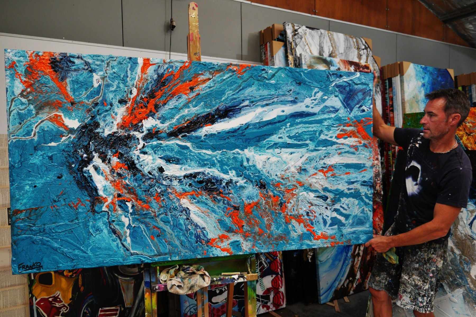 Jungle Rush 190cm x 100cm Blue Orange Textured Abstract Painting (SOLD)-Abstract-[Franko_Artist]-[The_Block]-[Dream_Homes]-[ideas]- [Grand_Designs]-Franklin Art Studio