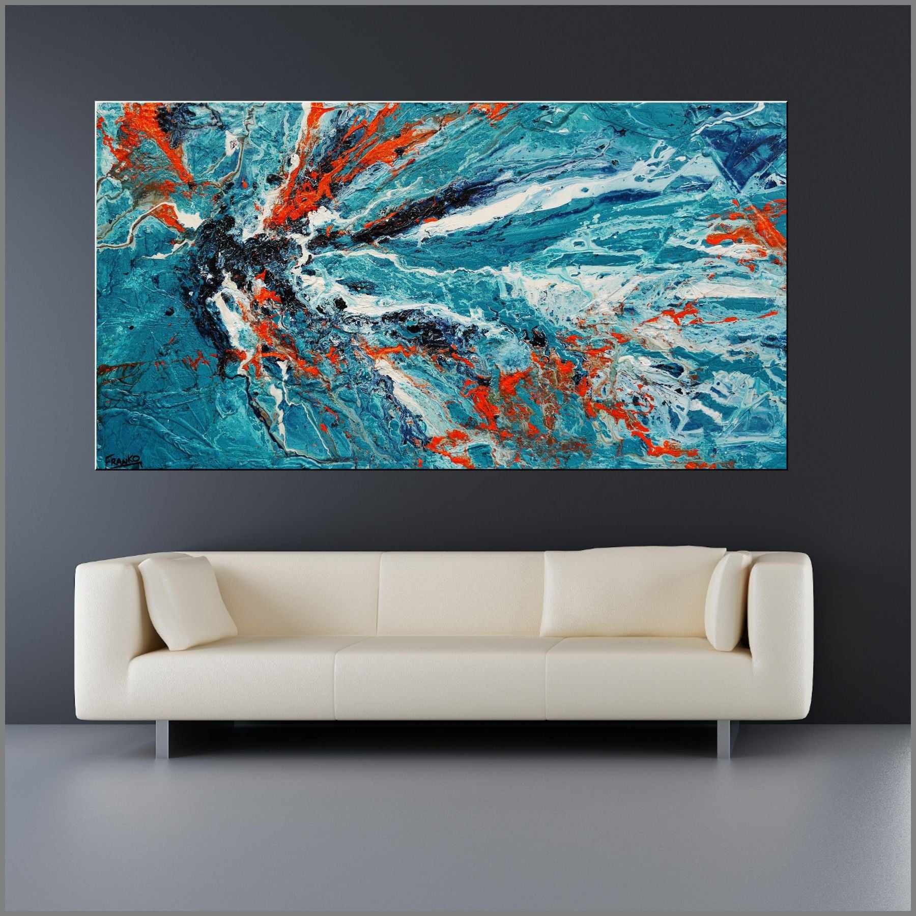 Jungle Rush 190cm x 100cm Blue Orange Textured Abstract Painting (SOLD)-Abstract-[Franko_Artist]-[Australian_artist]-[Gold_Coast]-[Brisbane]-[modern]-[contemporary]-[original]-[Large_artwork]-[The_Block]-[Dream_Homes]-[ideas]-[Grand_Designs]-[Art_Lover]-Franklin Art Studio