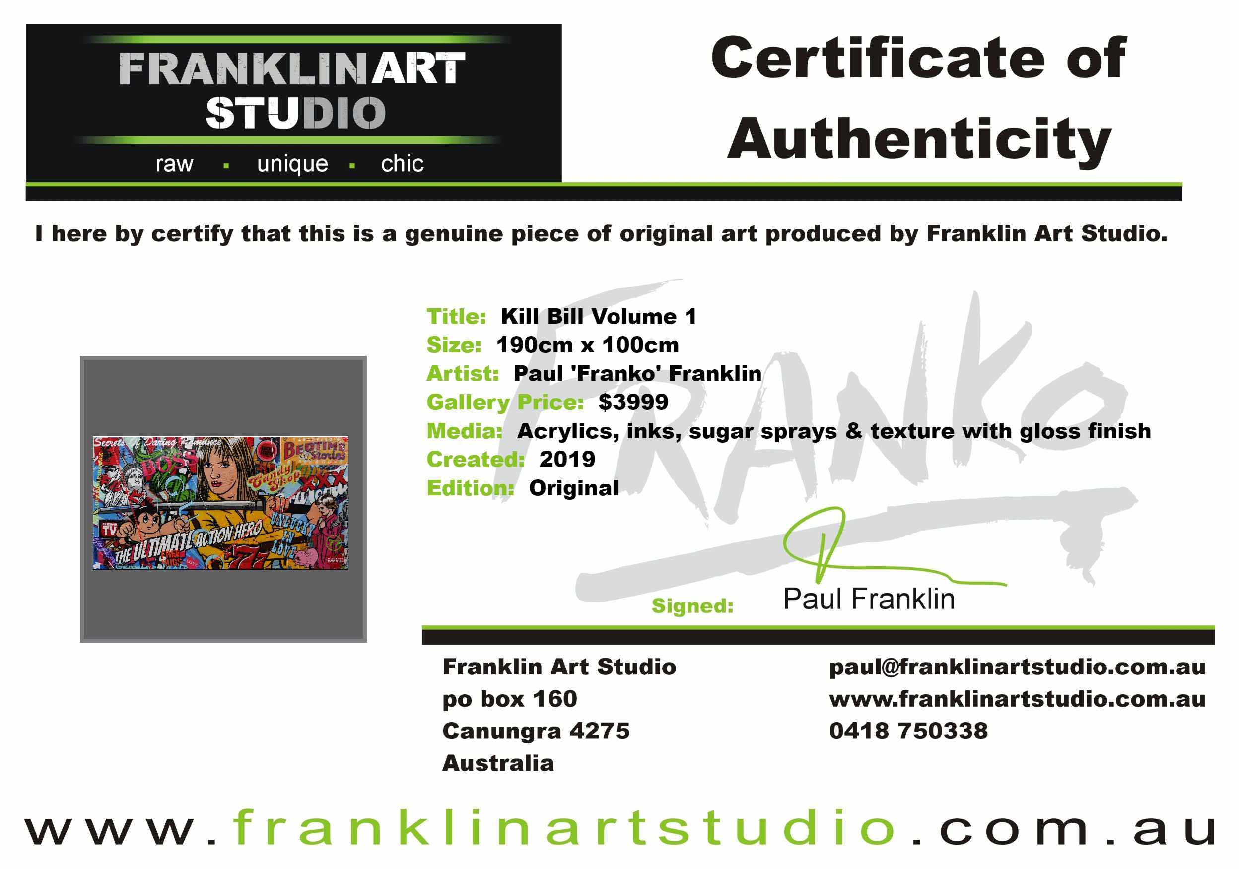 Kill Bill Volume 1 190cm x 100cm The Bride Textured Urban Pop Art Painting (SOLD)-urban pop-[Franko_Artist]-[The_Block]-[Dream_Homes]-[ideas]-[Grand_Designs]-[Art_Lover]-Franklin Art Studio