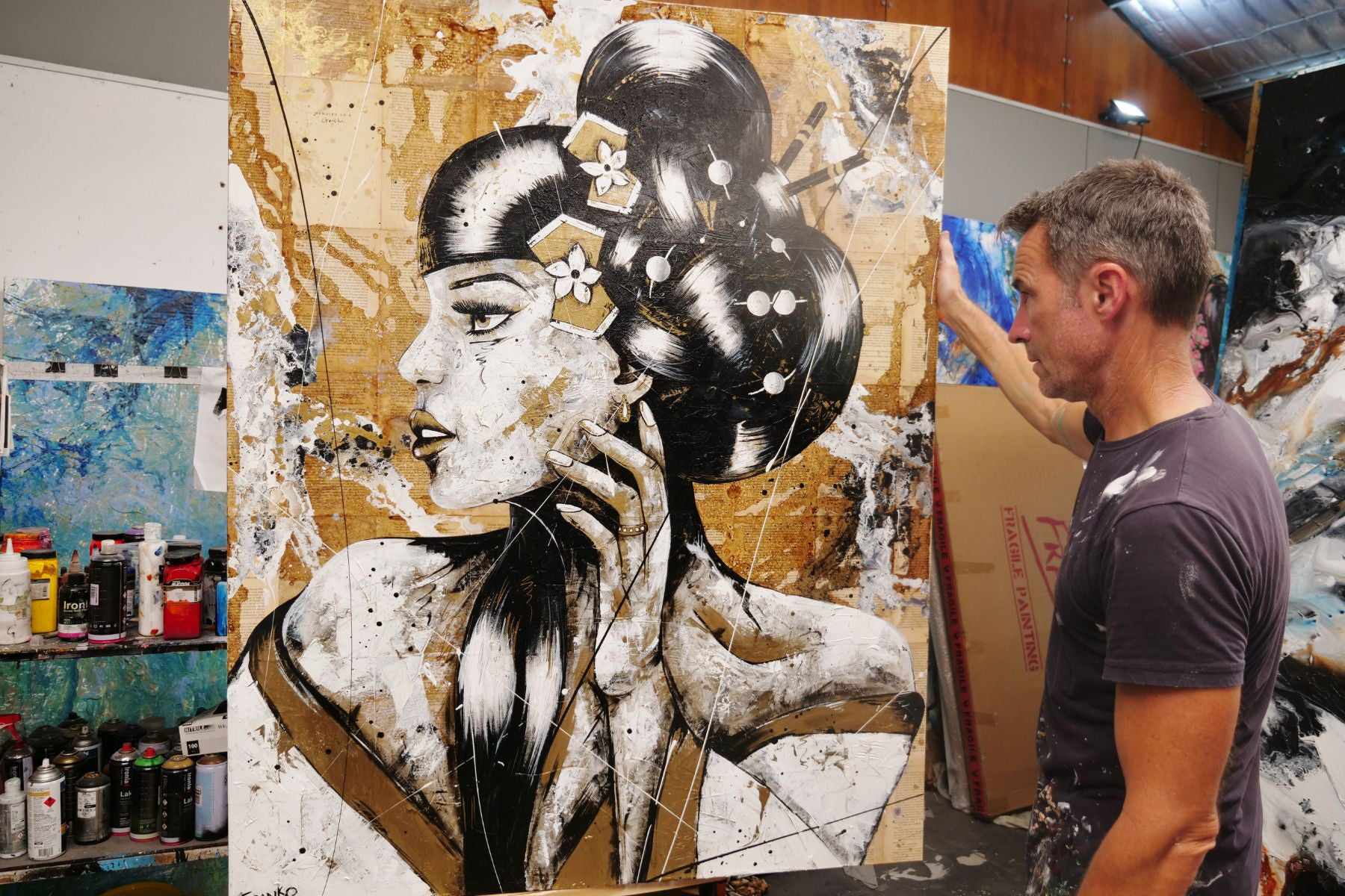 Kin Ojo 120cm x 150cm Geisha Abstract Realism Book Club Painting (SOLD)-book club-[Franko_Artist]-[The_Block]-[Dream_Homes]-[ideas]- [Grand_Designs]-Franklin Art Studio
