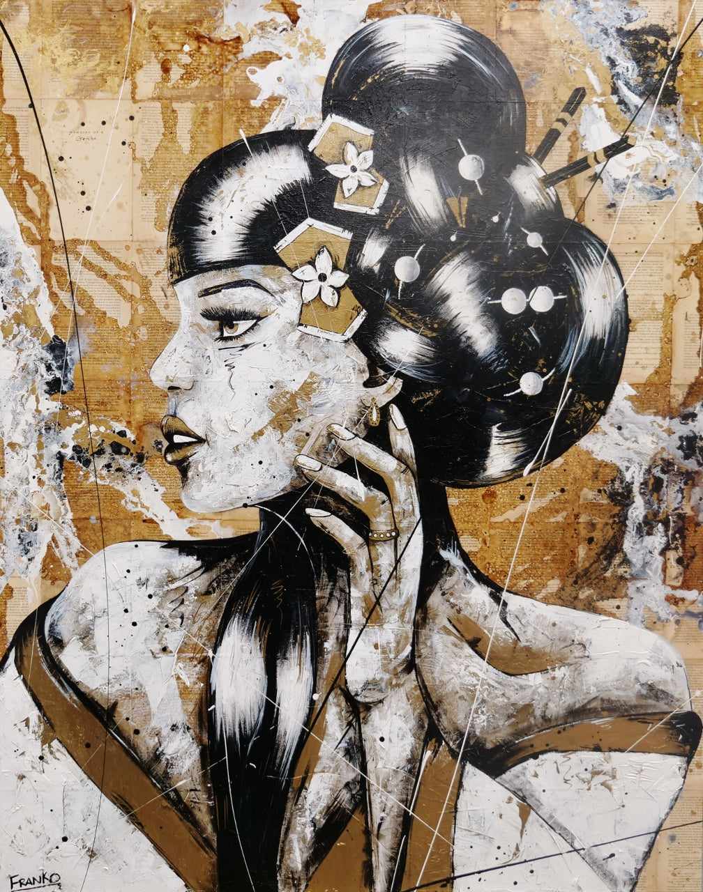 Kin Ojo 120cm x 150cm Geisha Abstract Realism Book Club Painting (SOLD)-book club-[Franko_Artist]-[Australian_artist]-[Gold_Coast]-[Brisbane]-[modern]-[contemporary]-[original]-[Large_artwork]-Franklin Art Studio